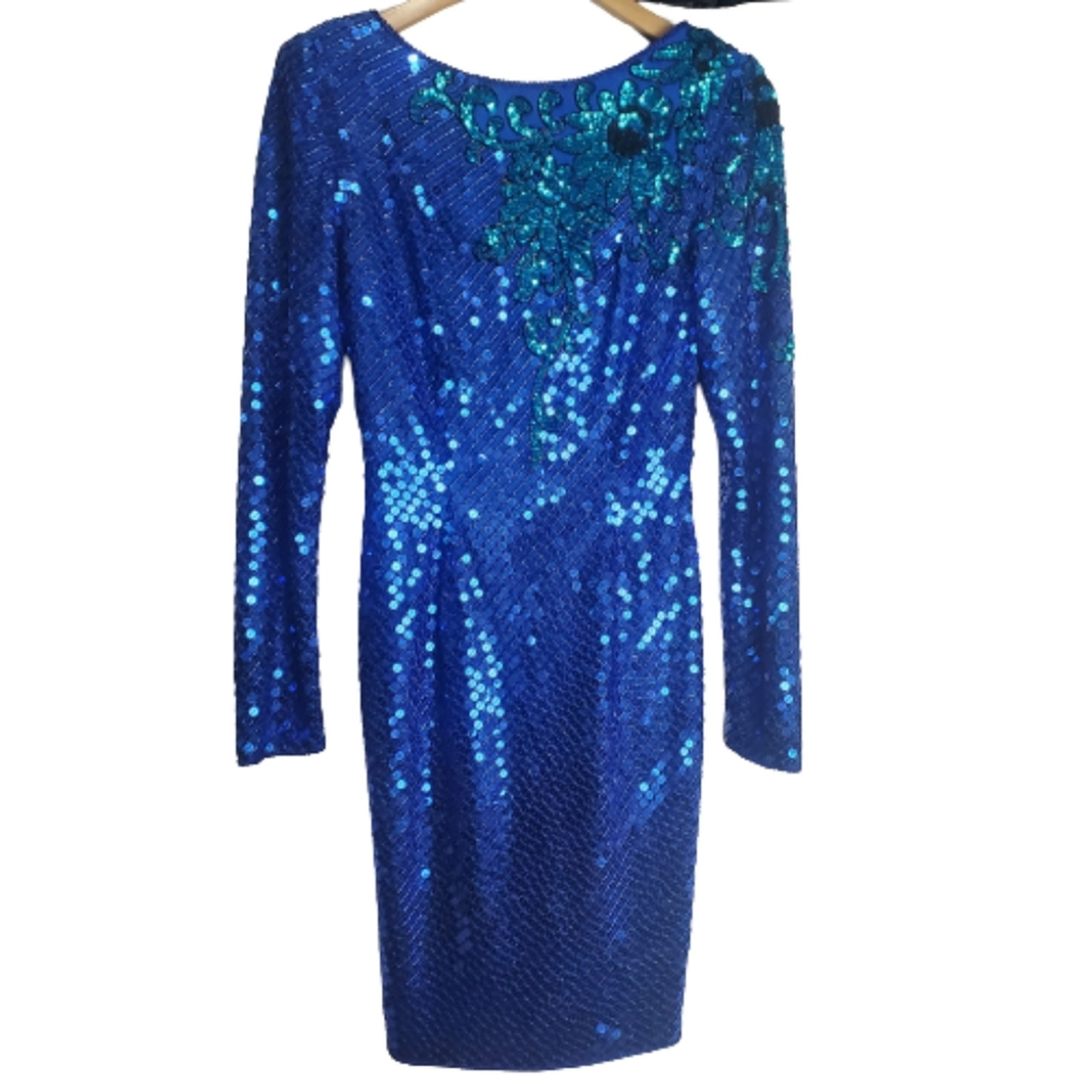 Vintage 80s Nadine Vibrant Blue Floral Sequins Long Sleeve Dress Size Medium