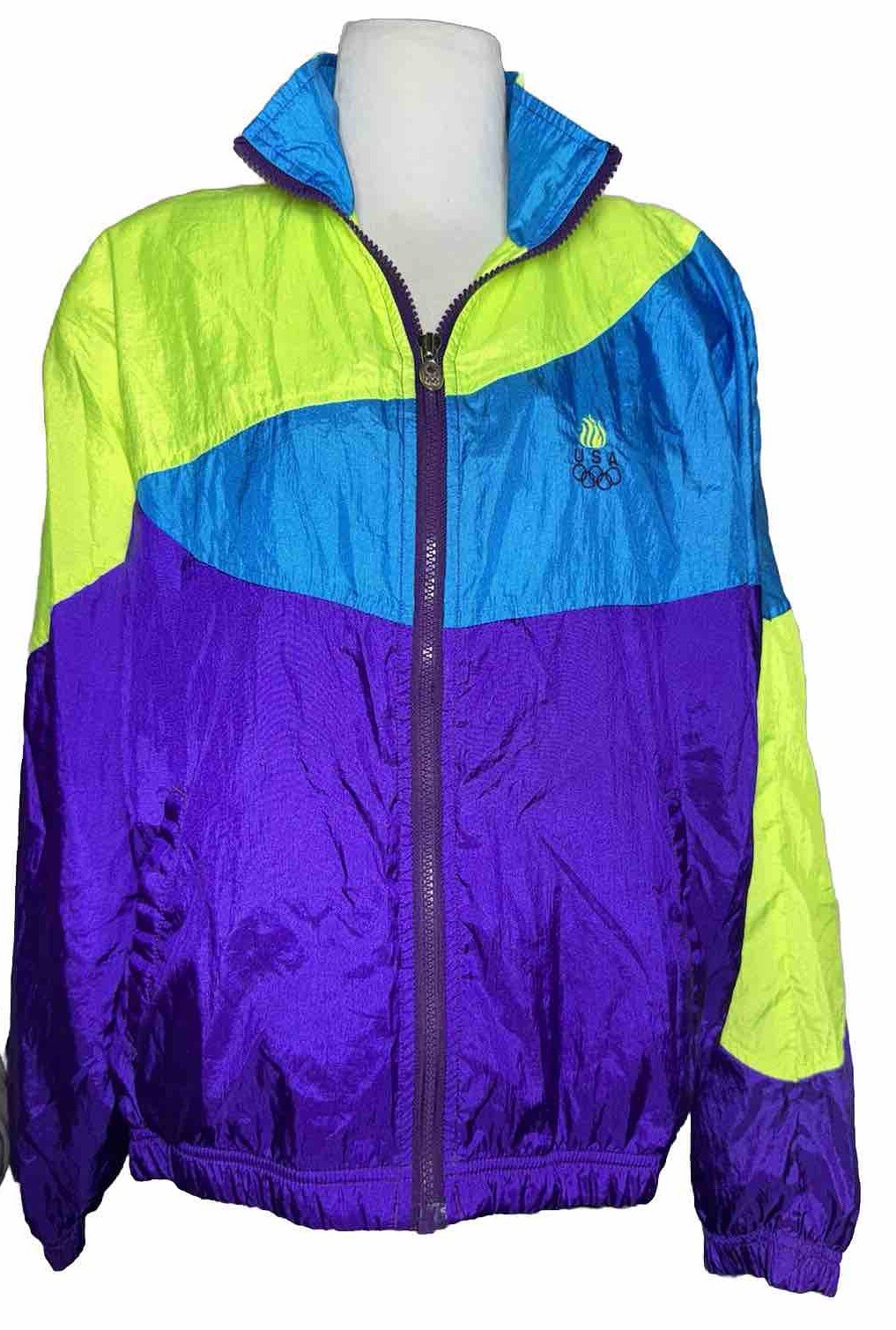 Vintage USA Olympics Neon Windbreaker Colorblock JC Penney Sz L Track Jacket