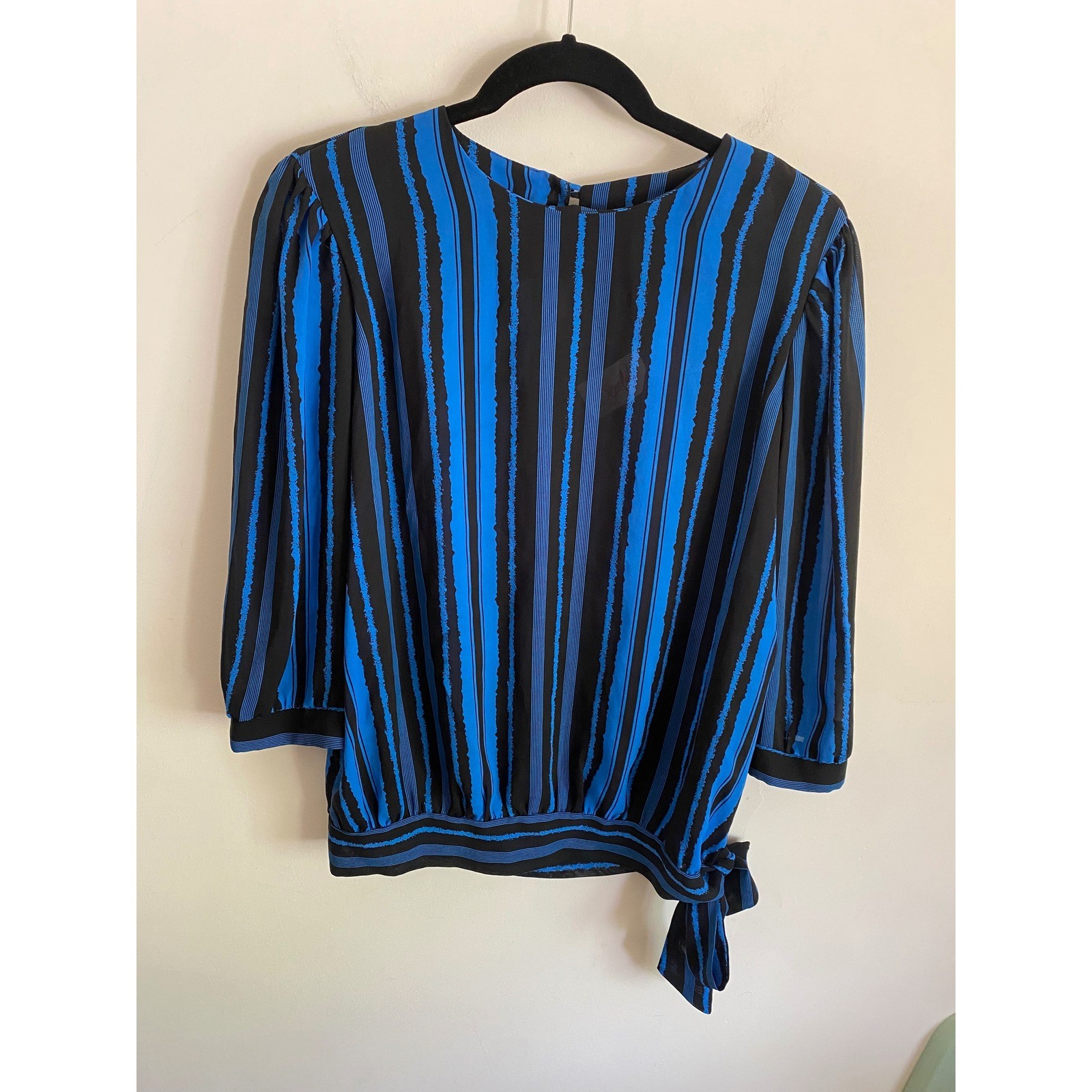 Vintage Scarlett Inc Blue Black Striped Blouse 80s Side Tie ILGWU Made in USA 9