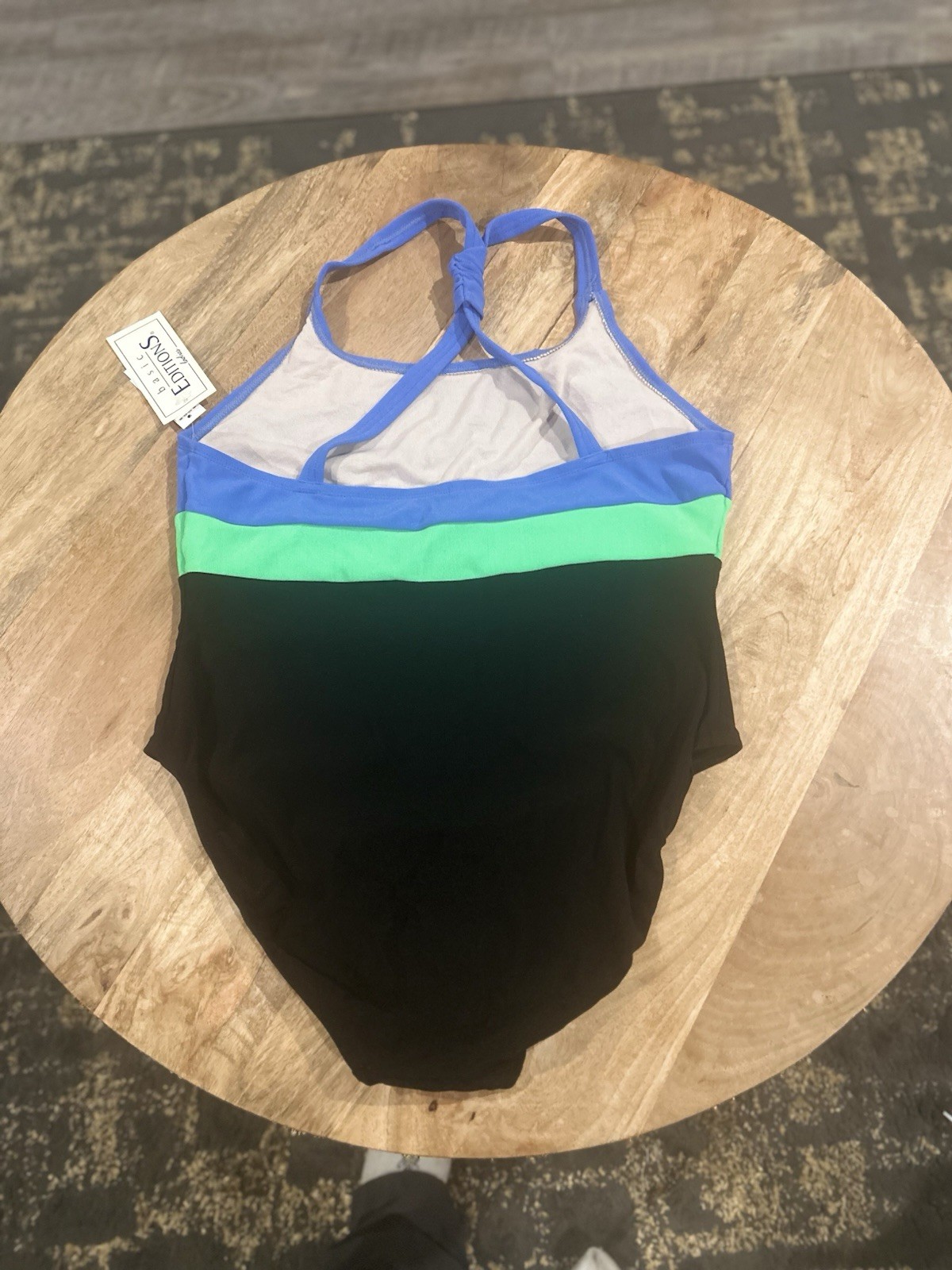 VTG Kmart Basic Editions Neon Green Blue Black Color Block One Pc Swimsuit Sz 16