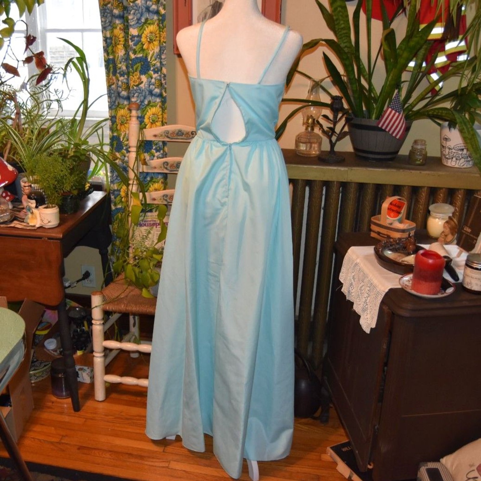 Vintage 1970s Powder Blue Satin Dress Spaghetti Strap Sweetheart Maxi Size XS