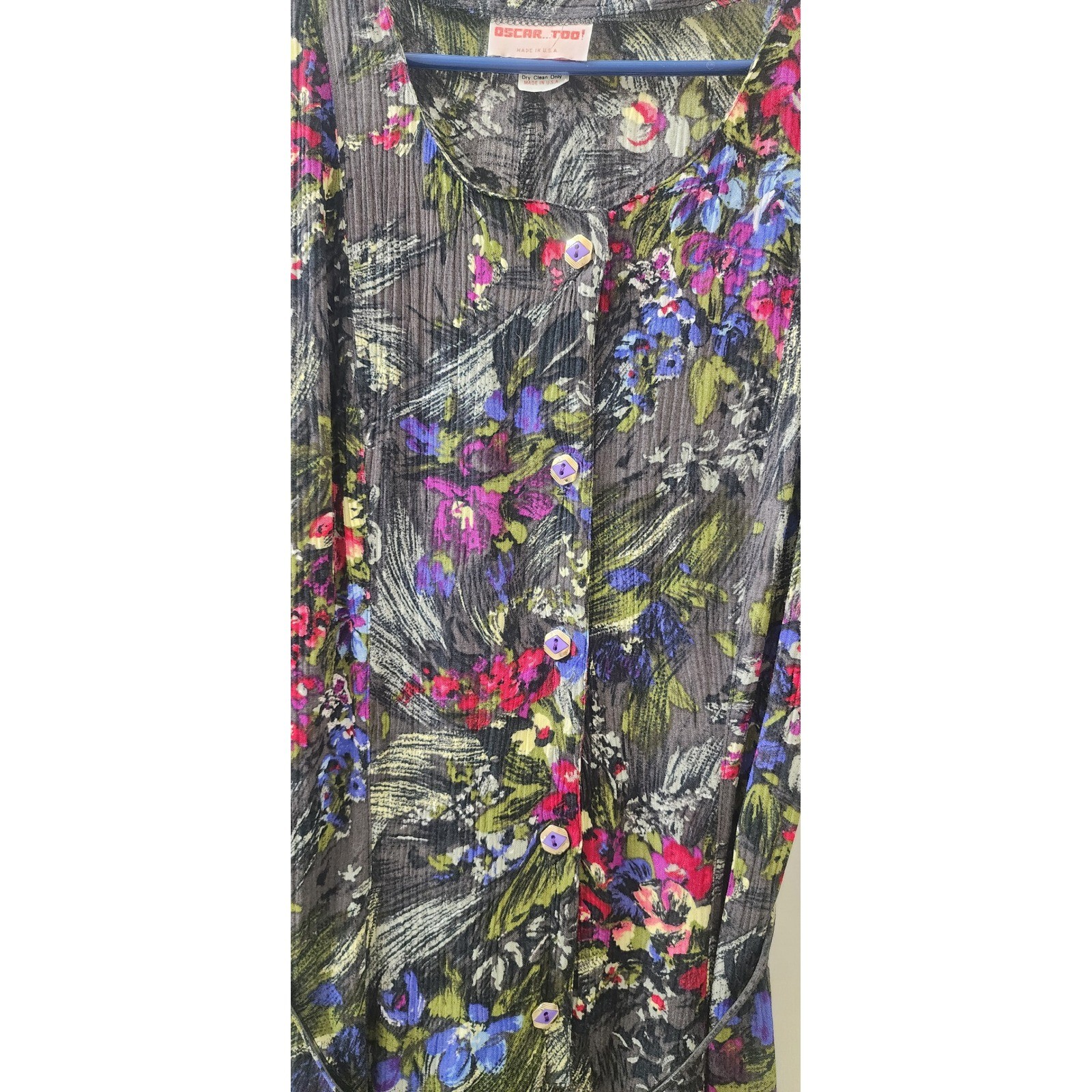 Vintage Oscar Too! Women Floral Rayon Button Front Midi Dress Belted Black Sz 10
