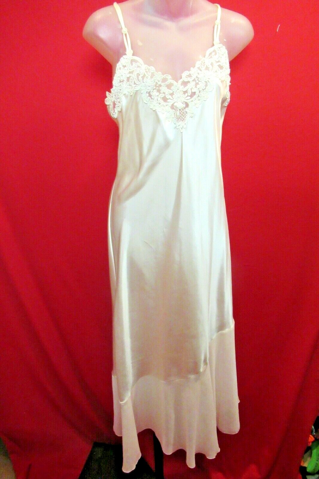 ENCHANTING White Satin Peignoir Nightgown Chiffon Ruffled Hem Pearl Trim Small