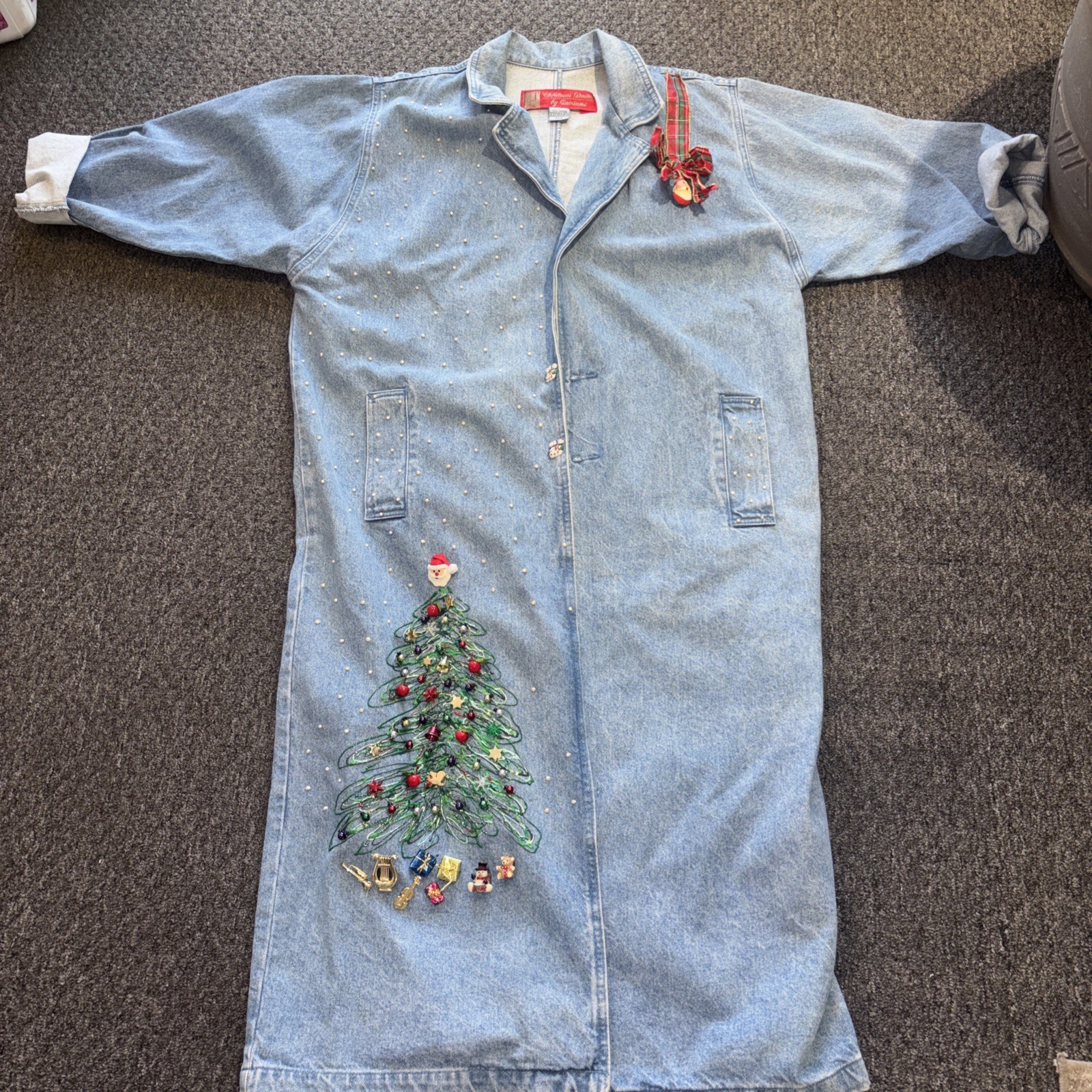 Vtg Christmas Duster by Treasures Denim Jacket Embroidered Tree Coat M/L 90s