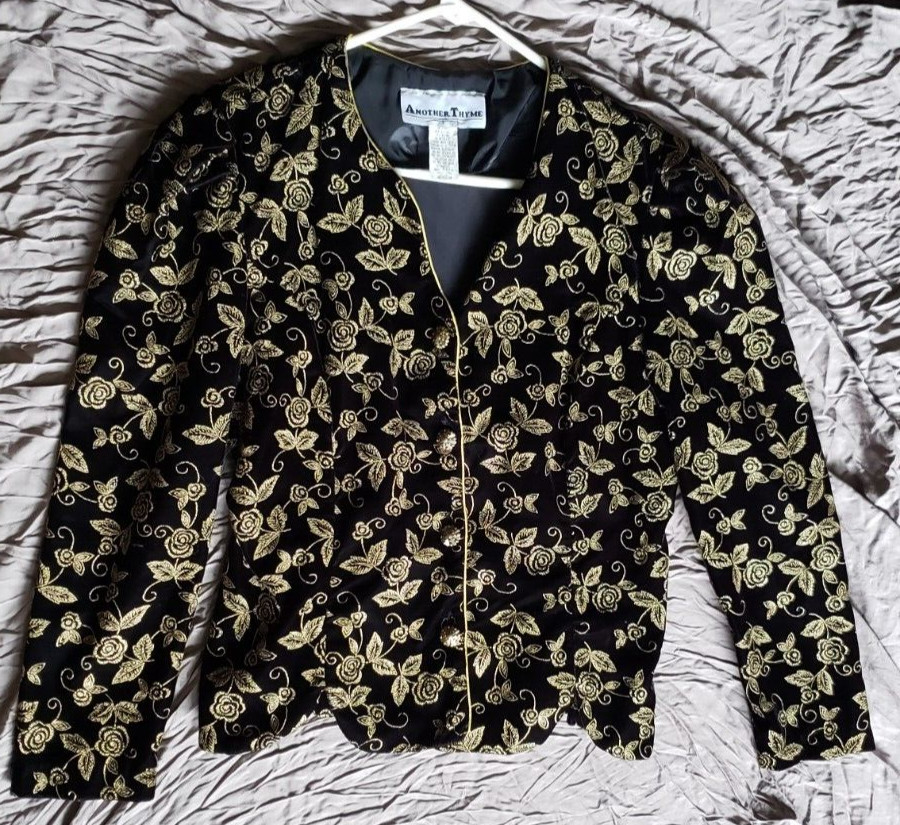 Black Velvet Jacket w/Gold Paint Roses Size M Vintage Another Thyme