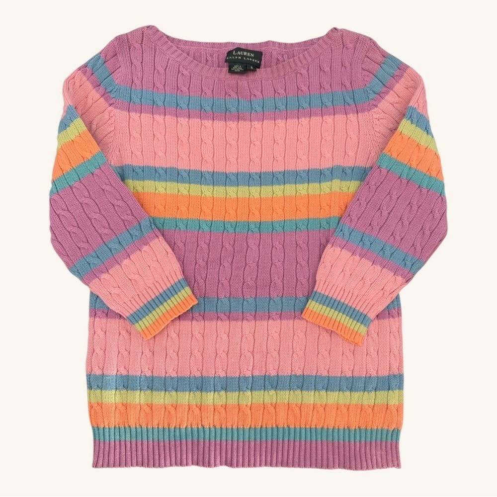 Vtg Ralph Lauren Cable-Knit Sweater with Colorful Stripes Preppy Classic