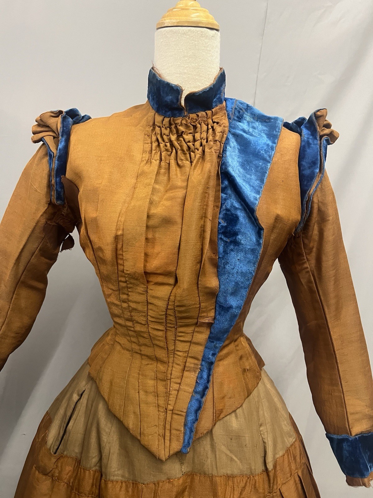 1870’s Copper Silk & Turquoise Velvet Bustle Day Dress