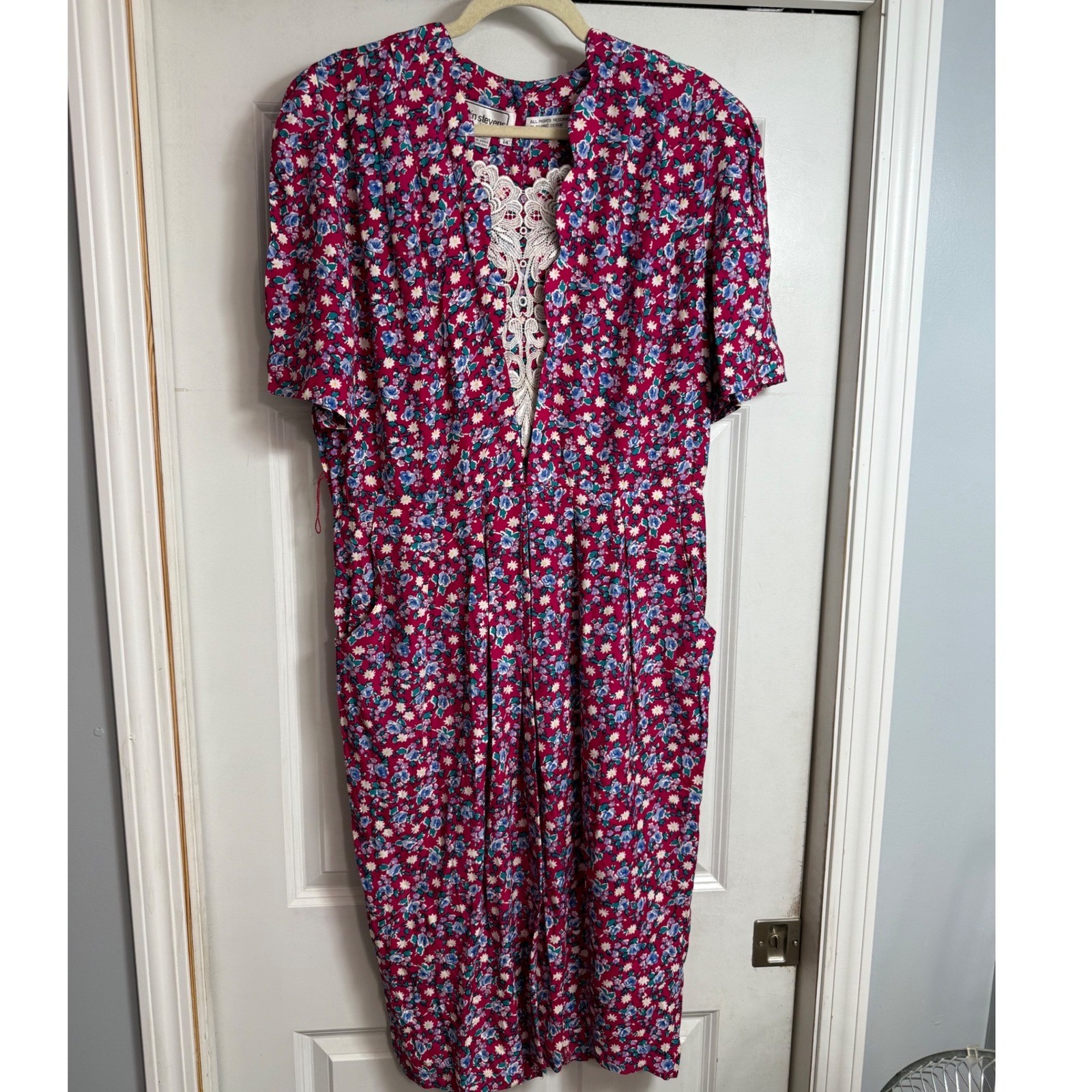 Vintage Karin Stevens Floral Midi Dress Lace Inset Pockets Size 14 No Belt