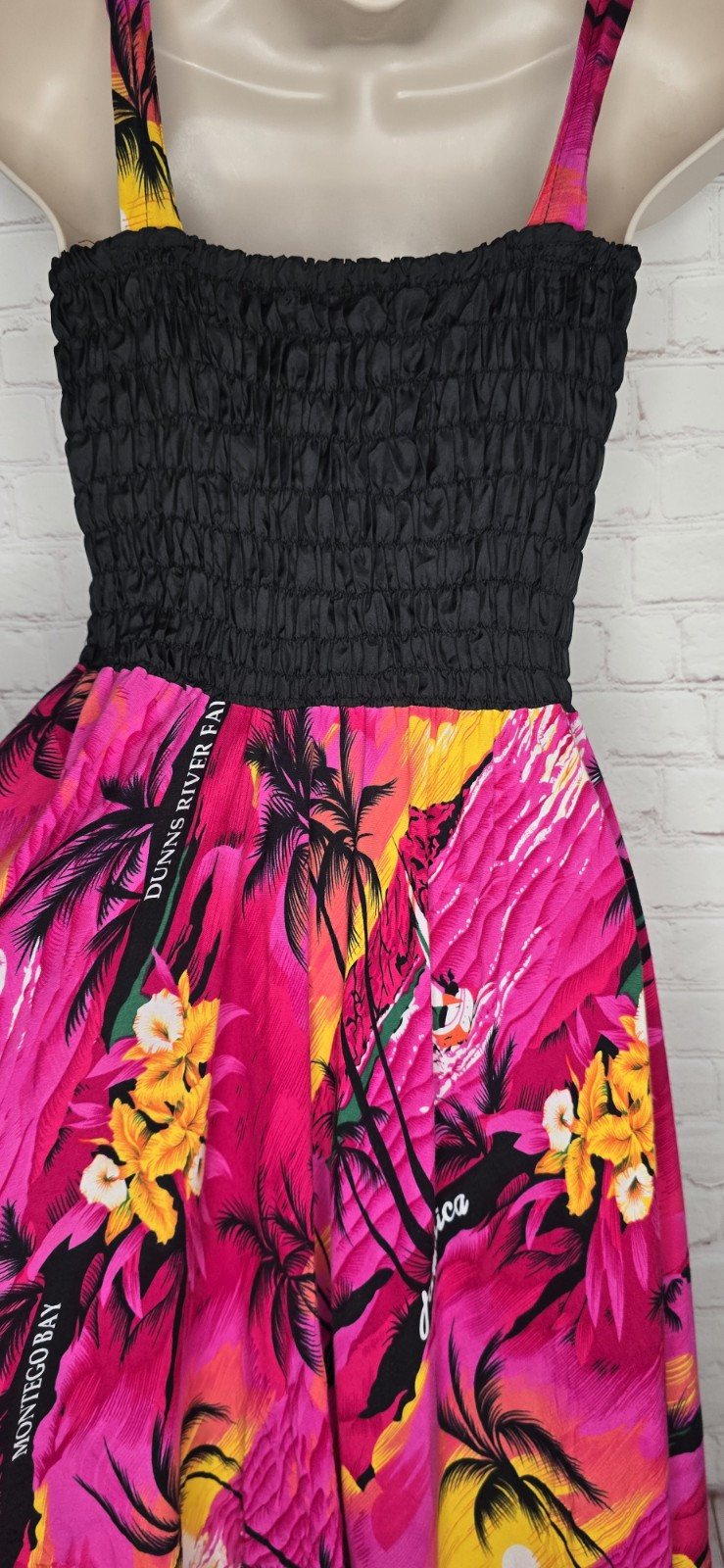 Vtg 90s Pink Black Smocked Tropical Jamaica Sundress Hankercheif Resort S/M