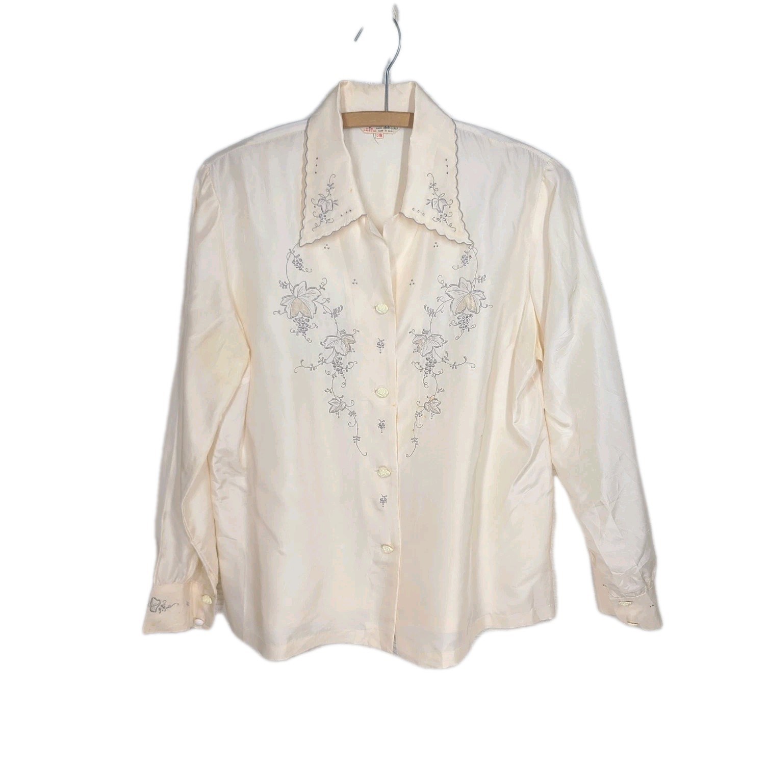 Vintage 100% Silk Hand Embroidered Shirt Button Up Daffodil 38 Women&rsquo;s Medium