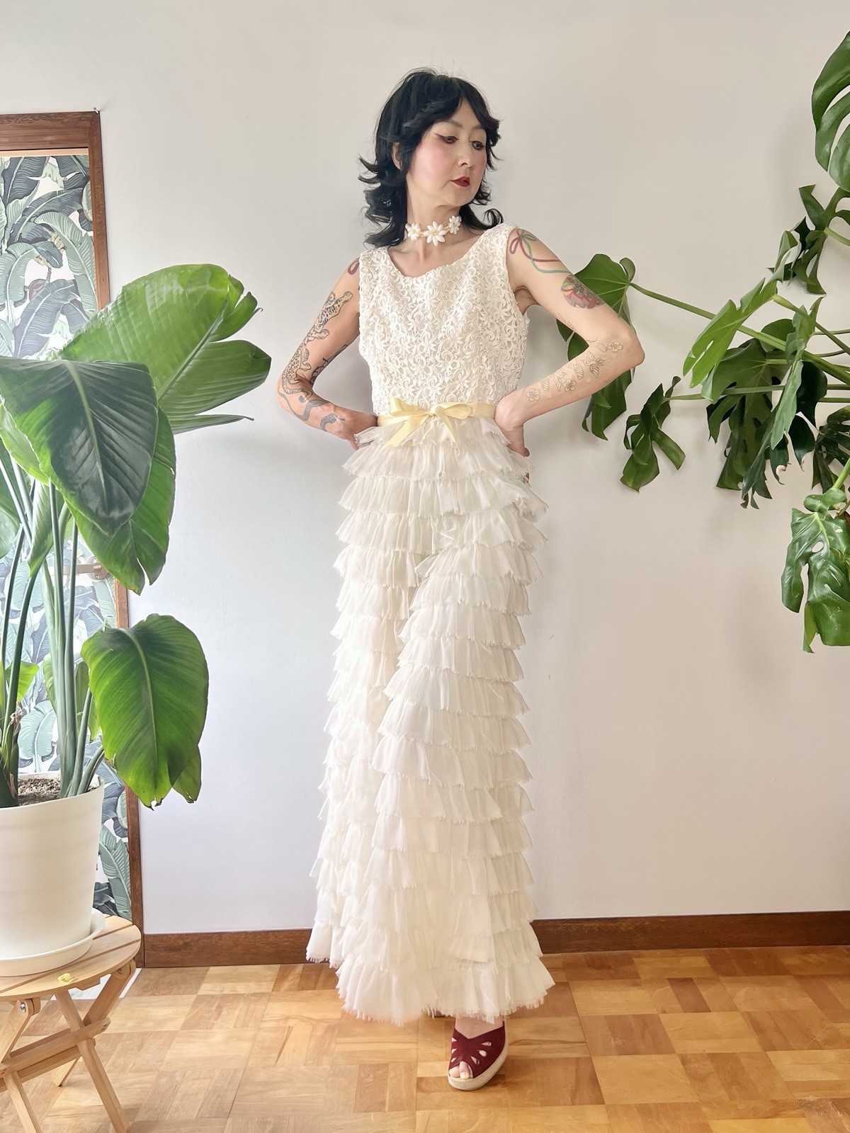 VTG 60s Kadine Lace Palazzo Jumpsuit White Tiered Chiffon Ruffle Mod Bridal S