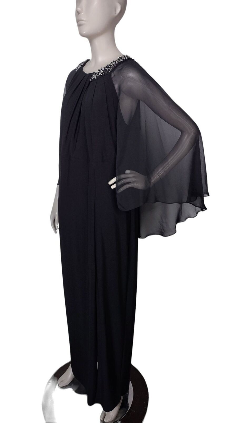 Vintage Scarlett Black Beaded Elegant Flowy Sheer Capelet Slit Formal Maxi Dress
