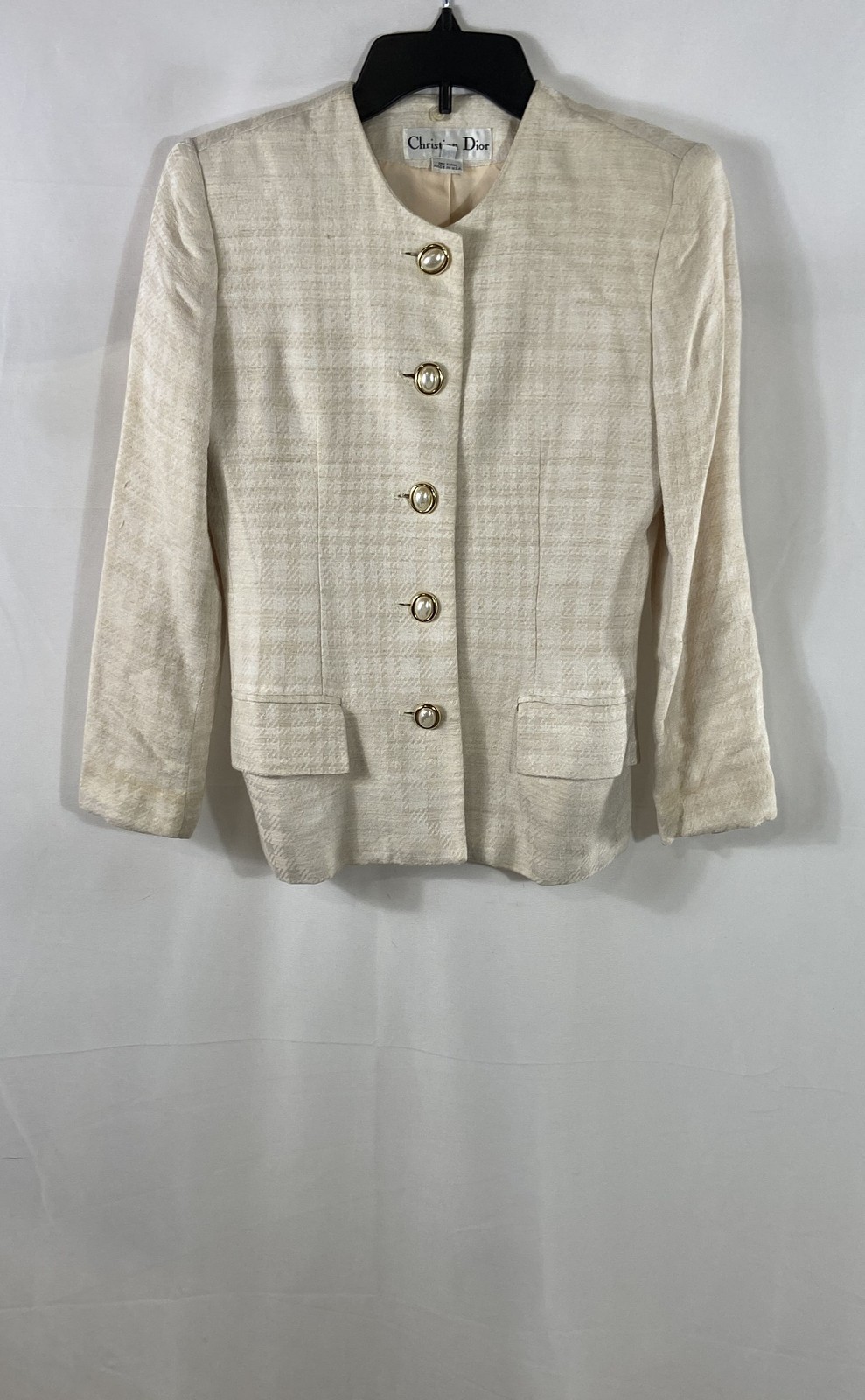 Vintage 90s Christian Dior Women&rsquo;s Cream Textured Blazer Pearl Buttons Sz 2