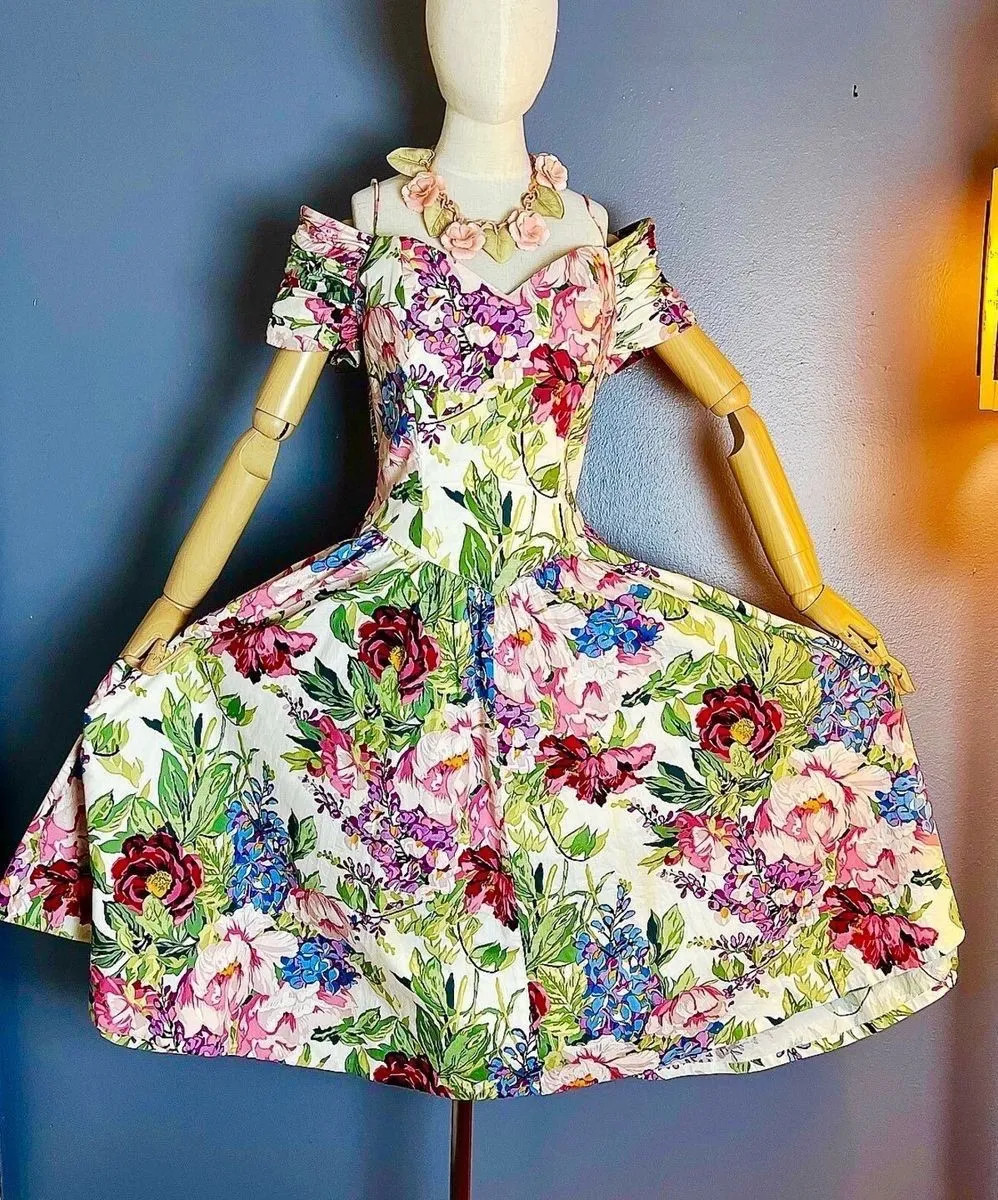 Vintage 80s Karin Stevens Romantic Floral 100% Cotton Modest Midi Dress US2, XS