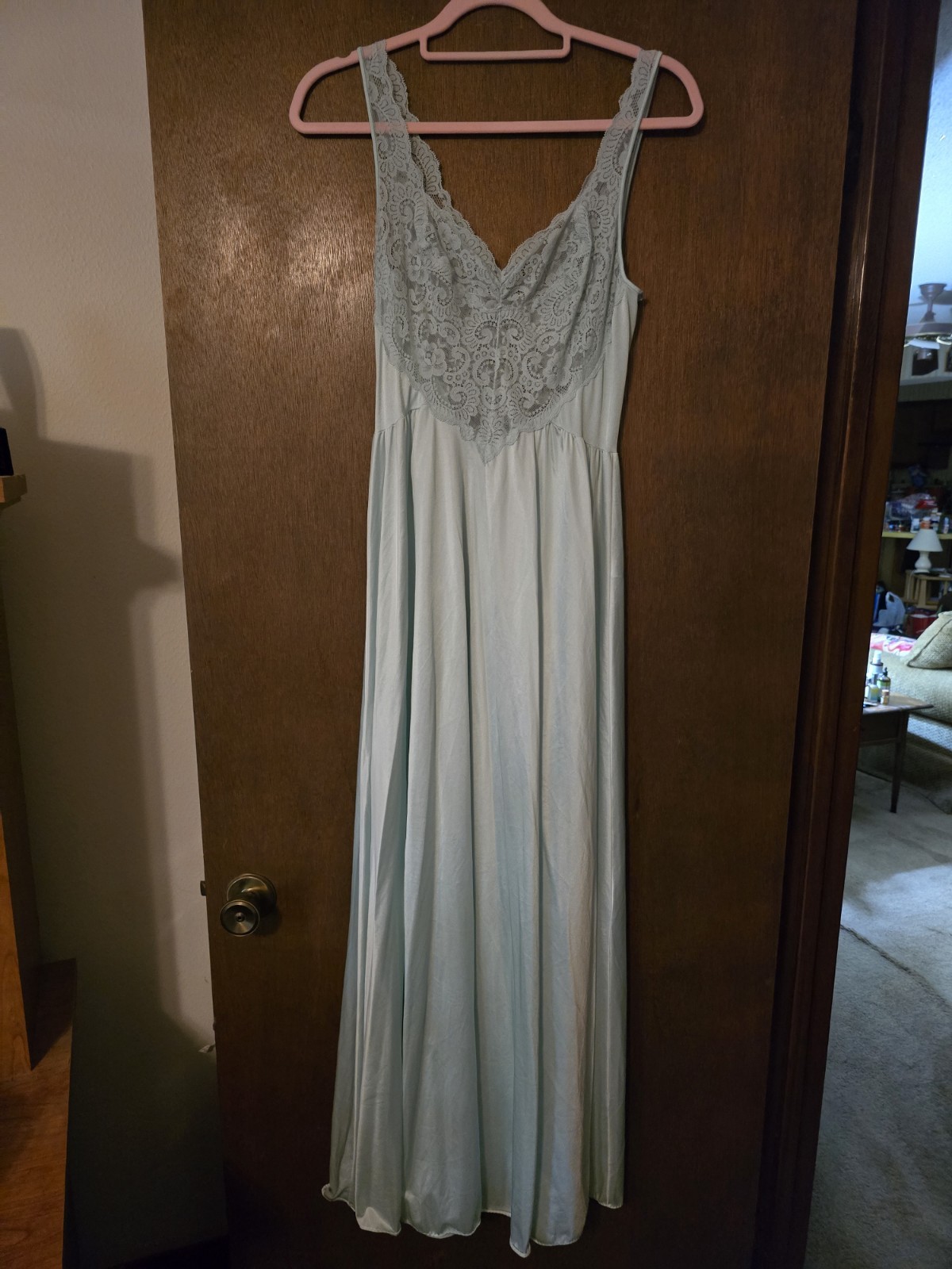 VTG 1970s OLGA #9290 BODYSILK FULL SWEEP AQUA NYLON NIGHTGOWN SEXY GRANDMACORE