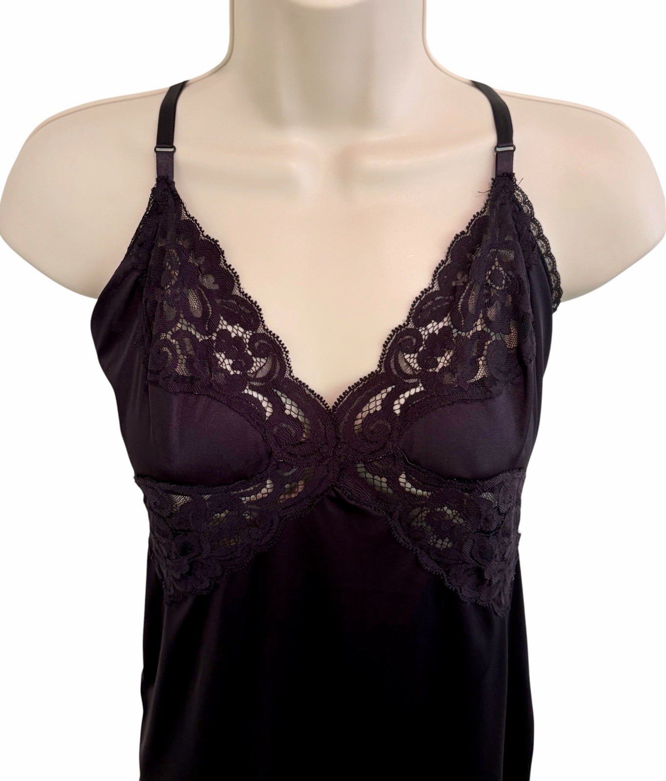 Vanity Fair Sz 28” 40/46 Full Slip Dress Black Lace Bodice & Hem Vintage Retro