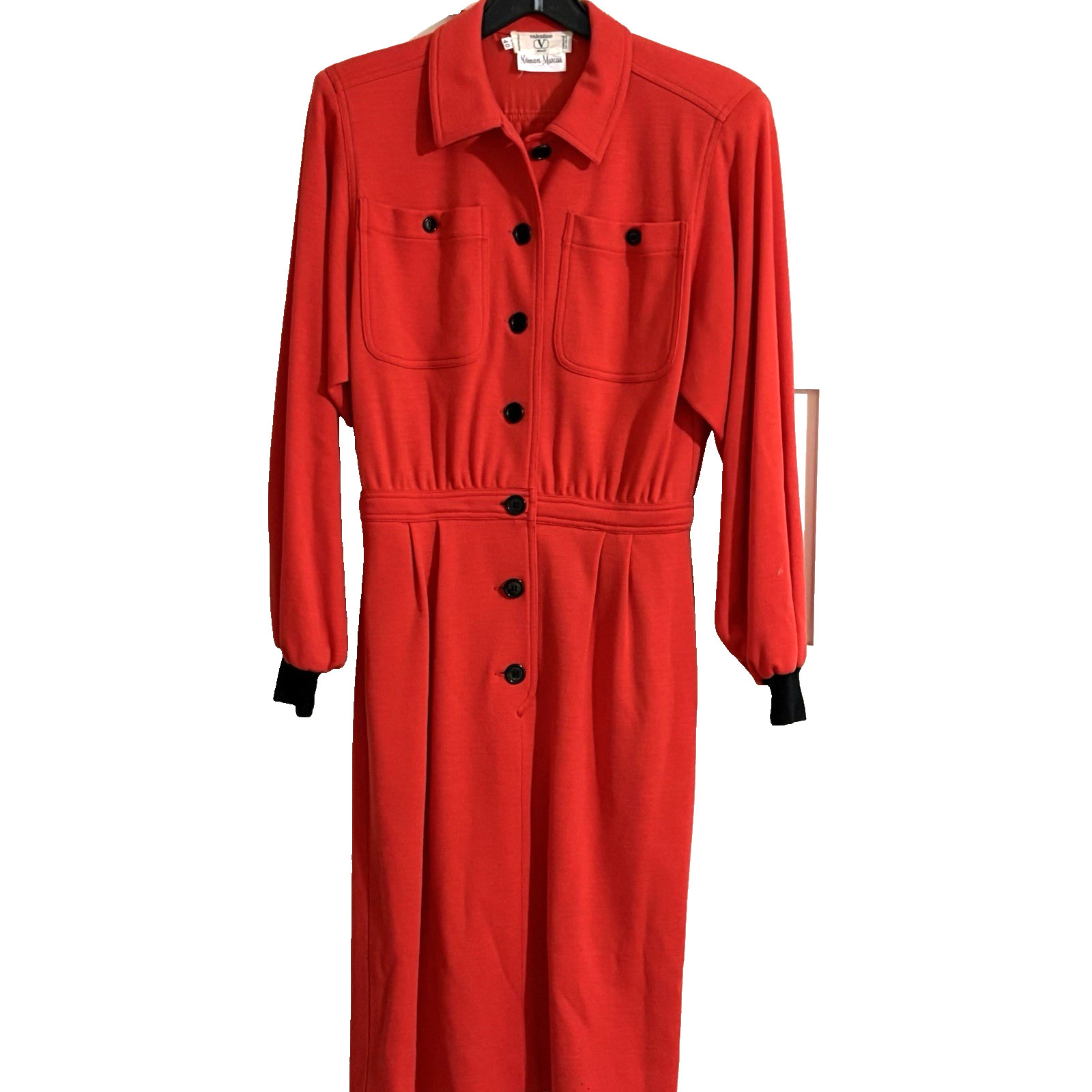 Vtg 80&rsquo;s Valentino Miss V Dress Sz 6 42 Red Wool Long Sleeve Utility Dress Shirt