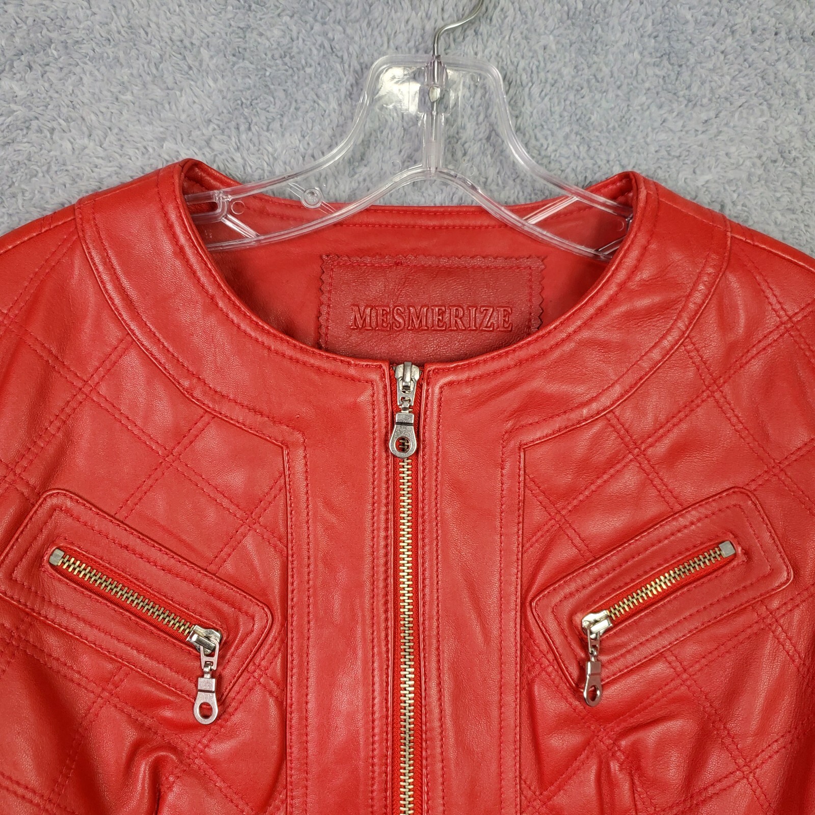 Vintage Womens Crop Lamb Leather Jacket XS Red Biker Harley Moto Full Zip Pocket