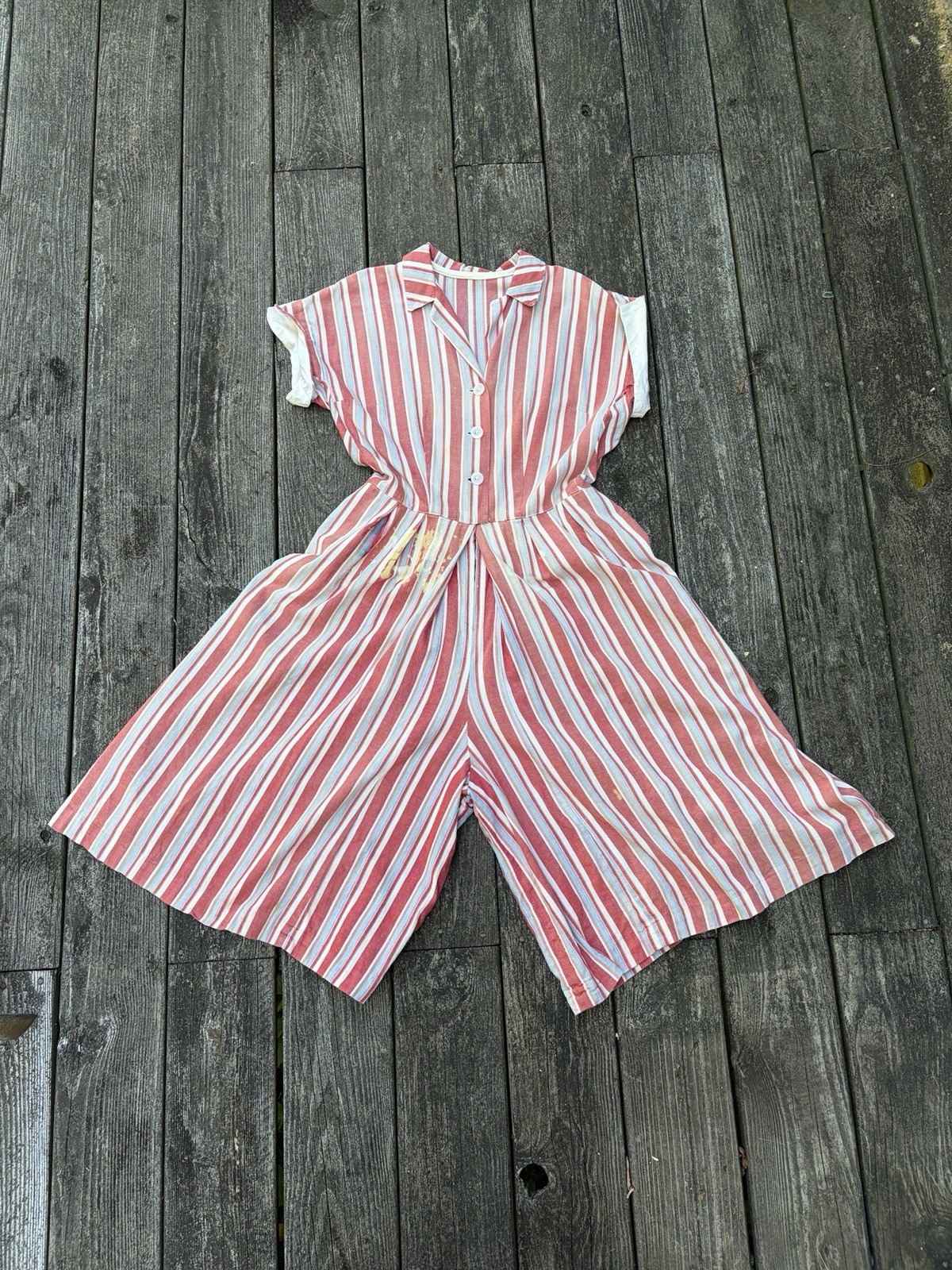 Vintage 1940s Red White Blue Stripe Culotte Wide Leg Romper Playsuit AS IS