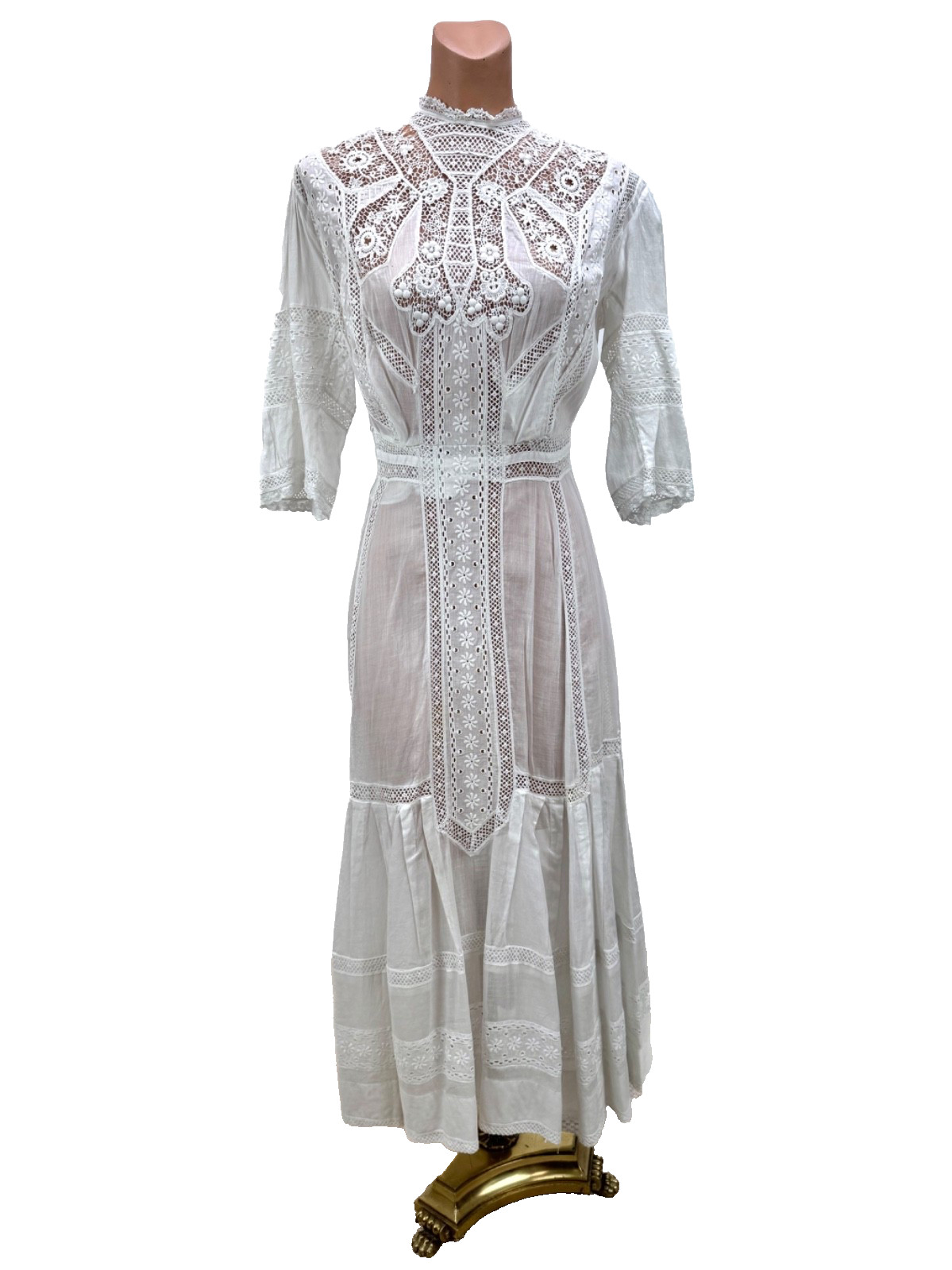 Antique Victorian Edwardian White lace Embroidered Cotton Tea Dress two piece