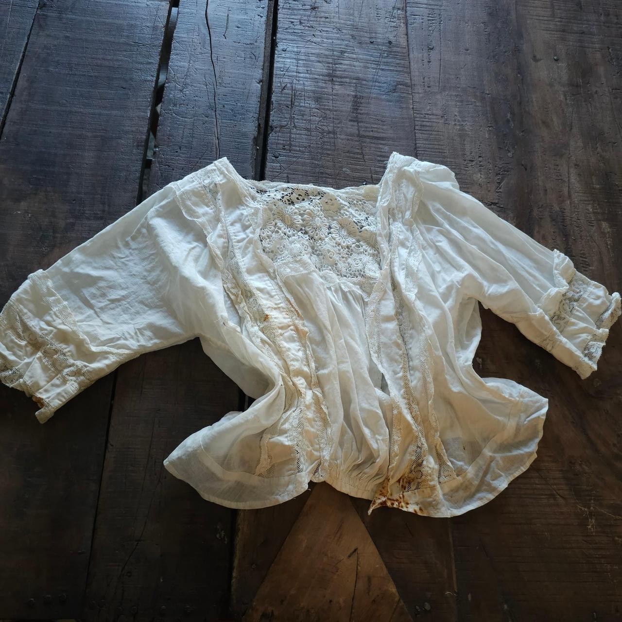 White Lace & Cotton Blouse w/ Floral Embroidery Antique 1910s Edwardian Shirt