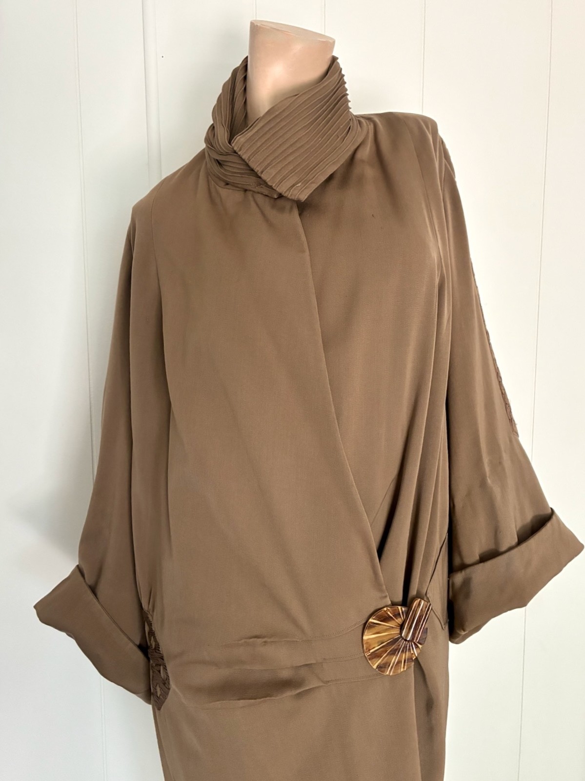 1920s Art Deco Brown Wool Gabardine Cocoon Coat Sz S-M-L