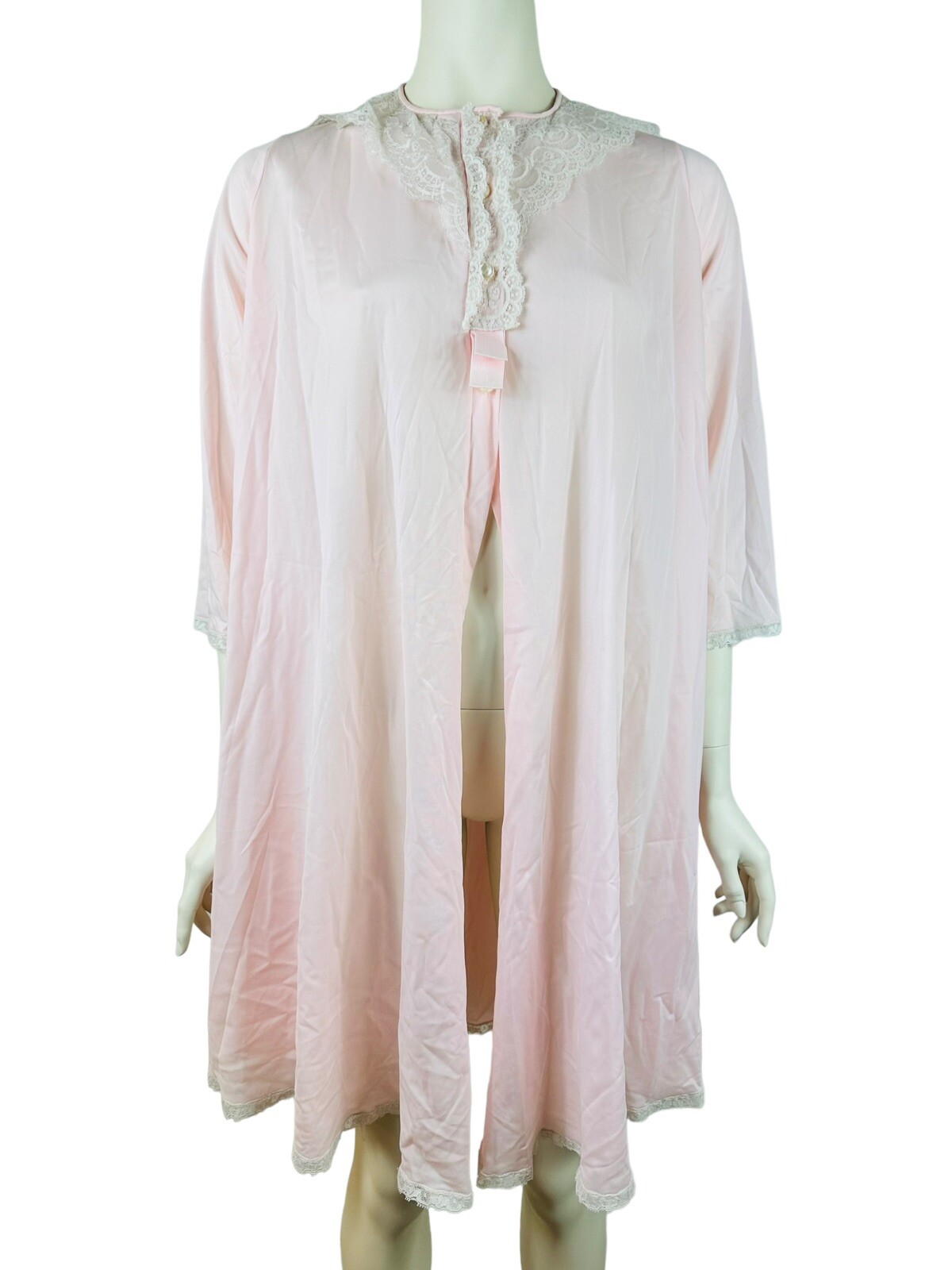 Vintage Pinehurst Robe Women&rsquo;s Small Light Pink Lace Open Half Button Nylon 50s
