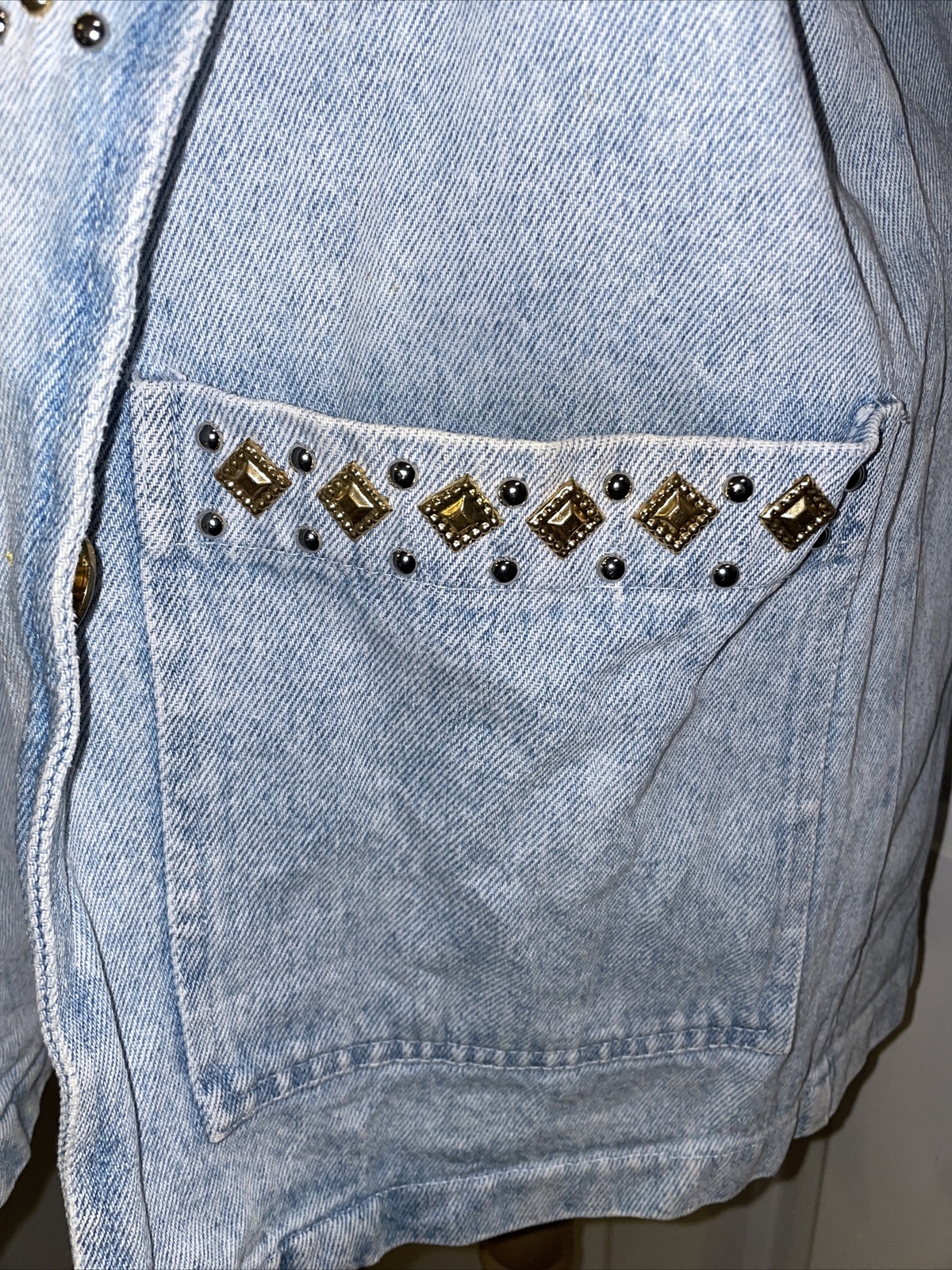 VTG RIO Light Blue Cotton Studded Western Button Denim Jacket Womens Sz S