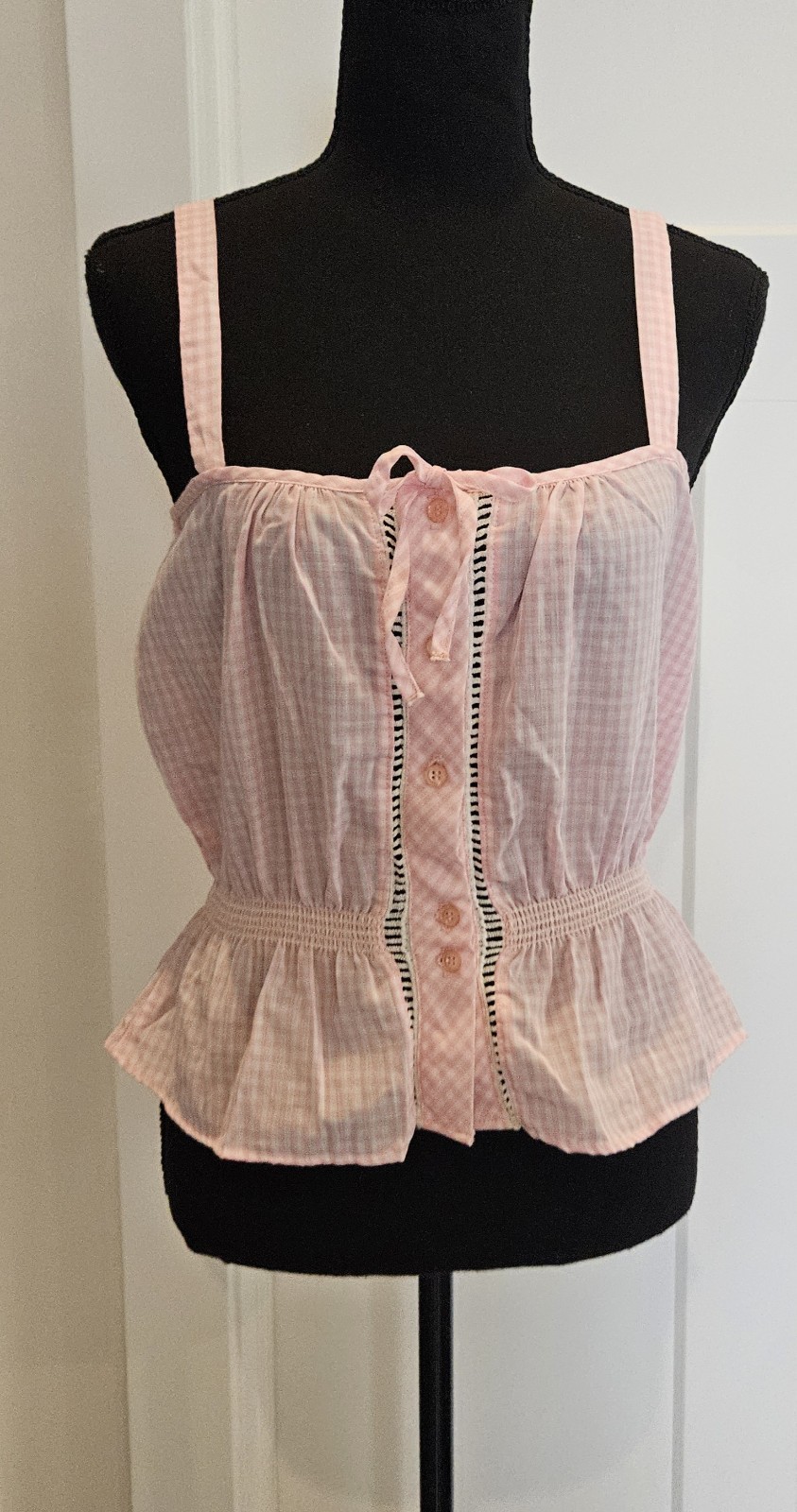 VTG 70s Bobbie Brooks Sleeveless Button Up Pink Gingham Halter Top Elastic Waist