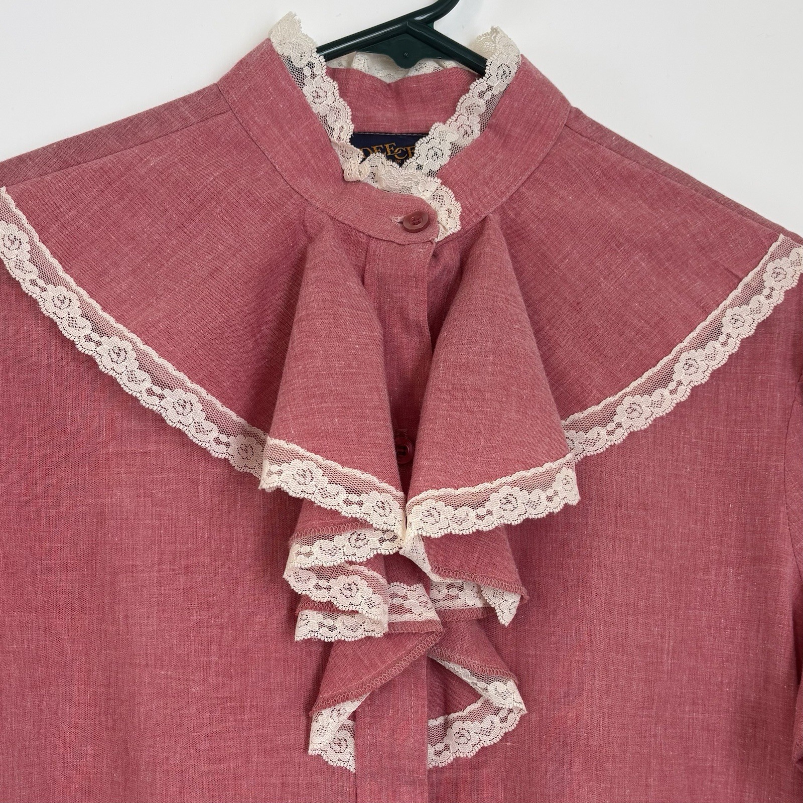 Vintage Dee Cee Prairie Western Blouse Shirt Red Lace Ruffle High Neck Large