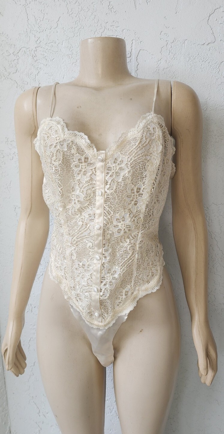 Vintage Lingerie Cacique Second Skin Ivory Onepiece Lace Satin Size Large