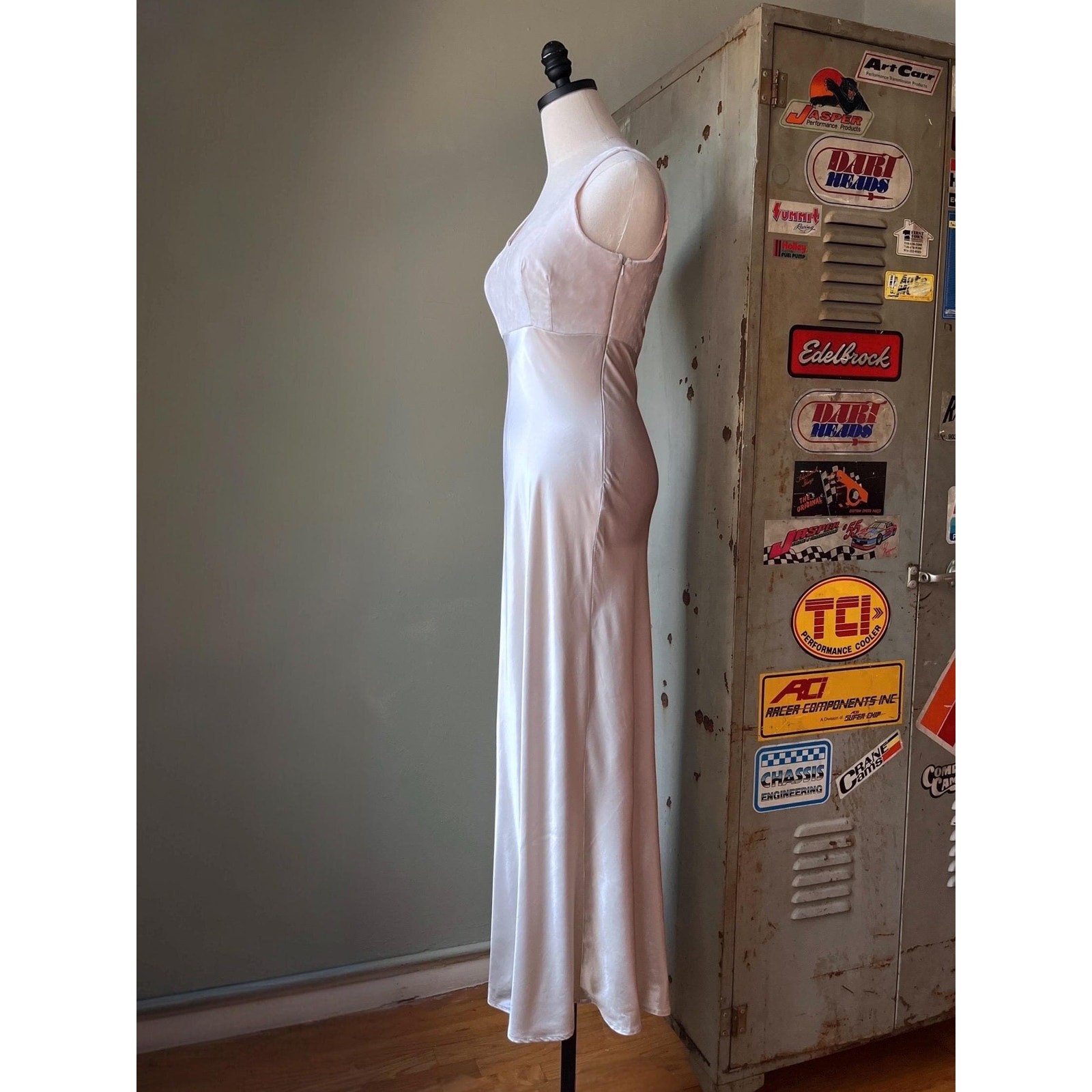 Vintage 90s Champagne Satin Slip Dress | Velvet Bust | Bridalcore gown | XS