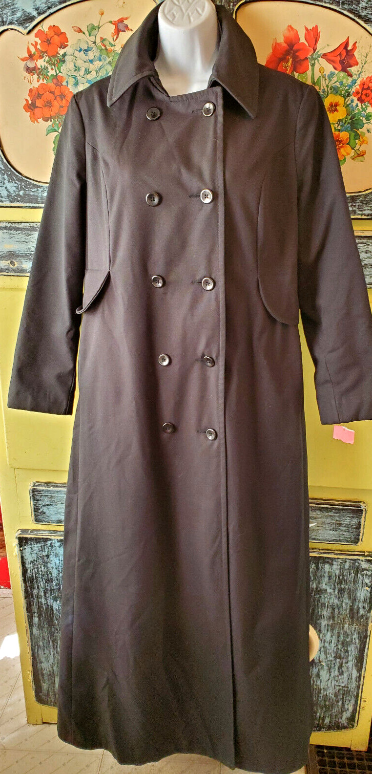 Wow! NOS Vintage 70s Maxi-Length Black Double Breasted Trench Rain Coat Fits 10