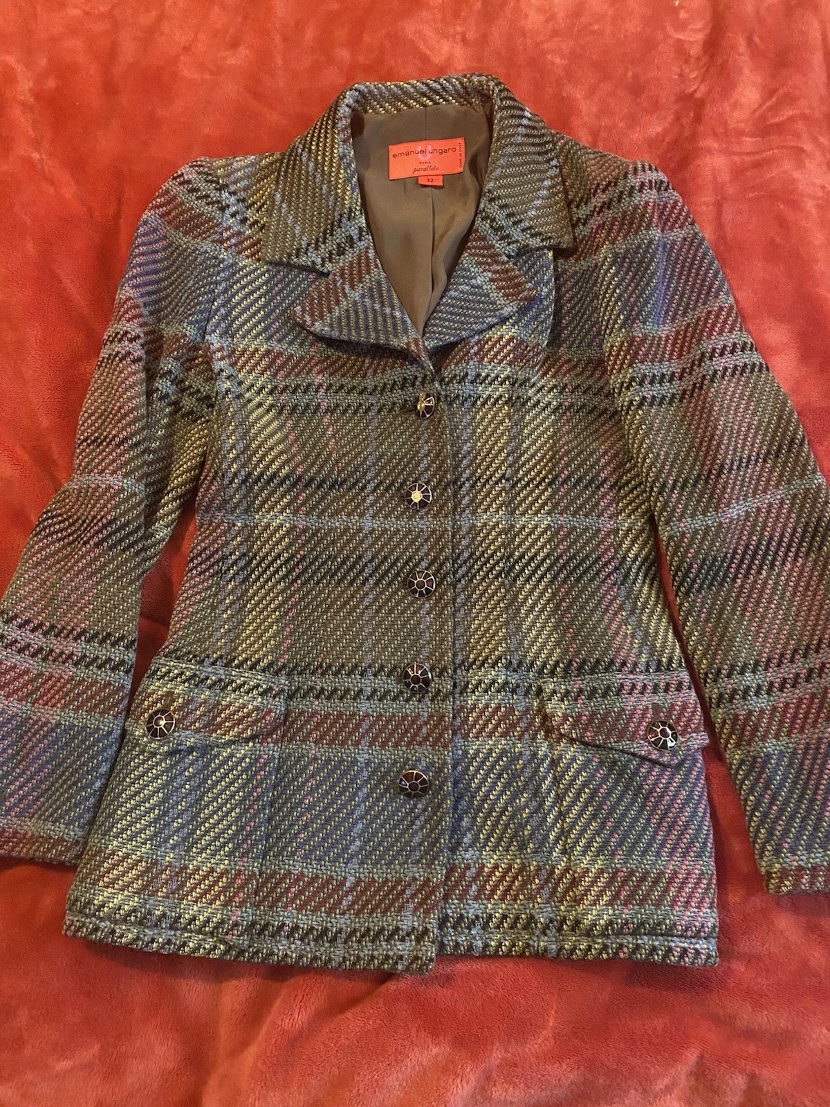 Vintage Emanuel Ungaro Paris Paralleled tweed plaid blazer jacket Sz 12 M Y2k