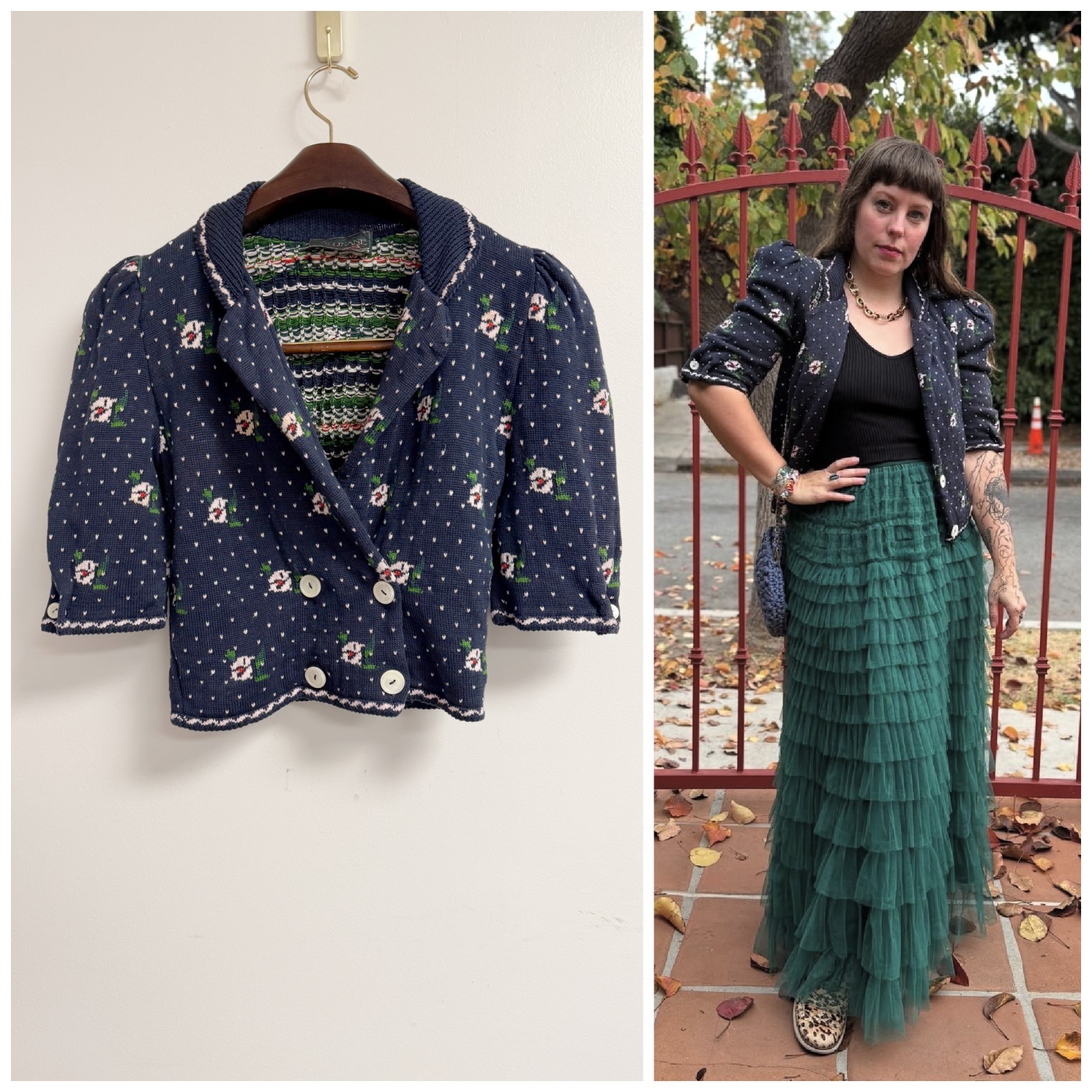 Vintage 80s does 30s 40s Ditsy Floral Short Sleeve Cardigan Sweater Cullinane S