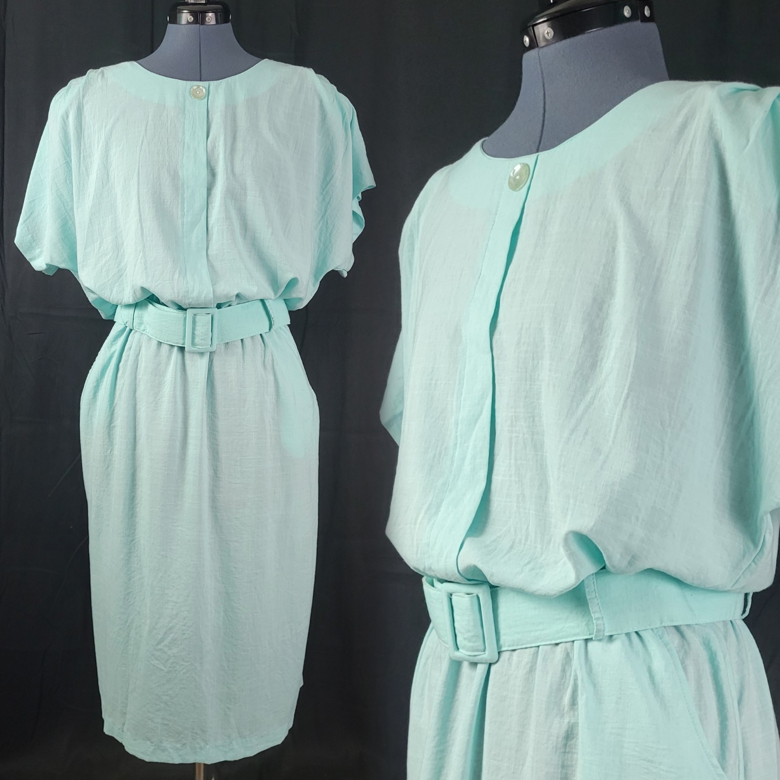 Vintage Stuart Alan Mint Green Blouson Dress w Slim Skirt & Belt Size 18