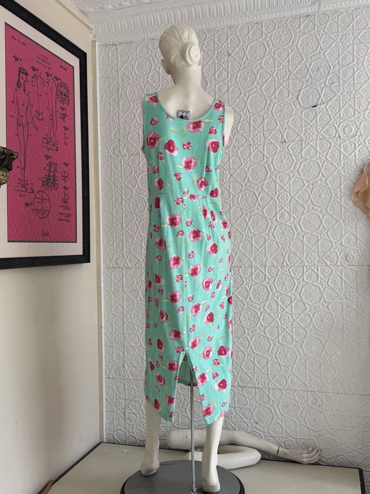 Vintage 1990s Dress Set-Knit-Floral-Spring-Cottage Green Pink-T Shirt-Tank-M