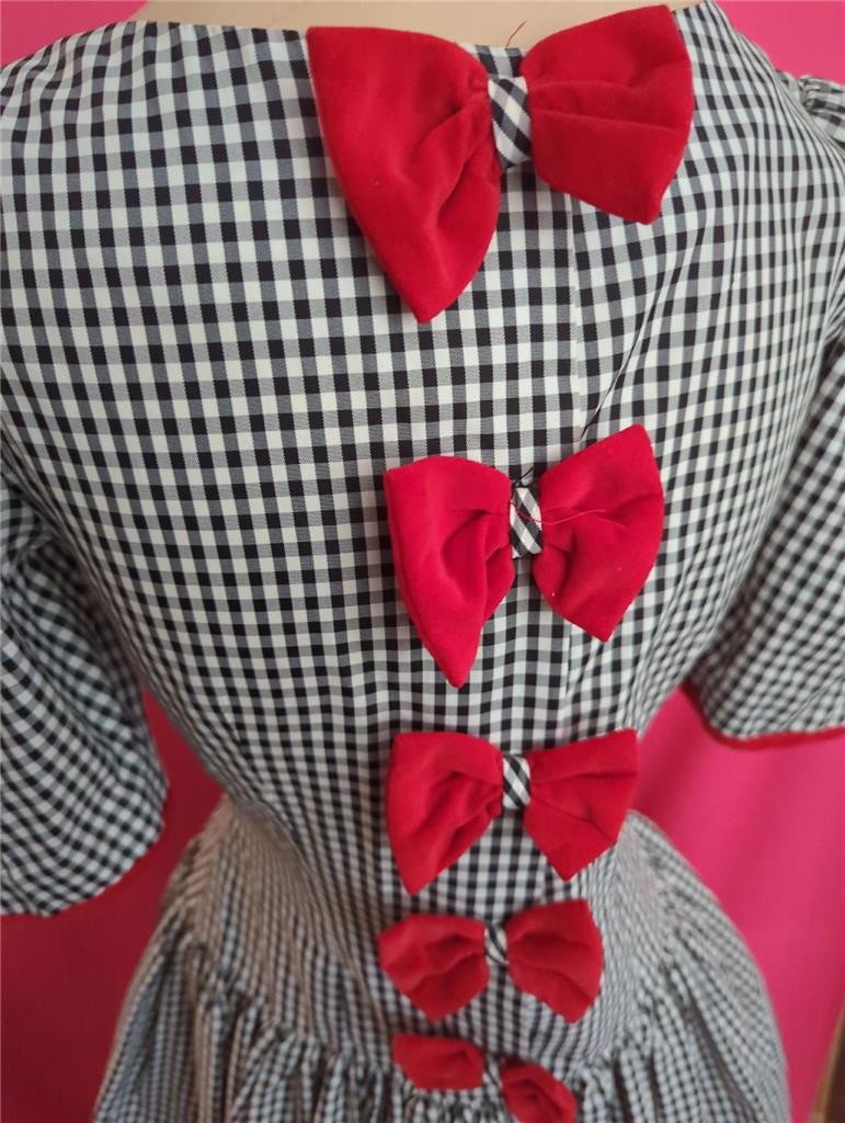 1950&rsquo;s-80&rsquo;s VTG. BLACK & WHITE GINGHAM, RED BOWS, MISTY LANE DRESS 38&Prime; BUST-USA