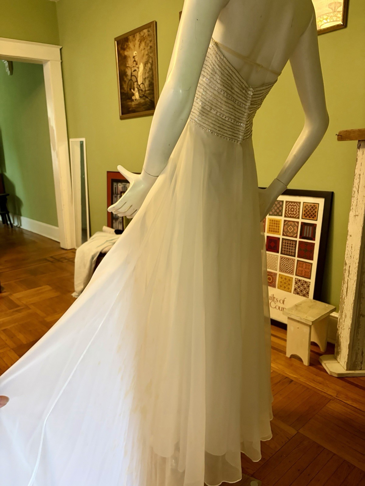 Vtg Mike Benet Formals- White Chiffon grecian Dress Gown Sequins 38 Strapless M