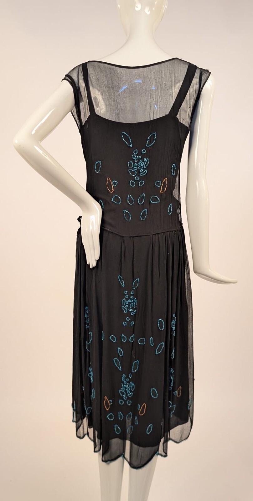 FLAPPER 1920’S SHEER SILK CHIFFON DRESS W BLUE GLASS BEADING