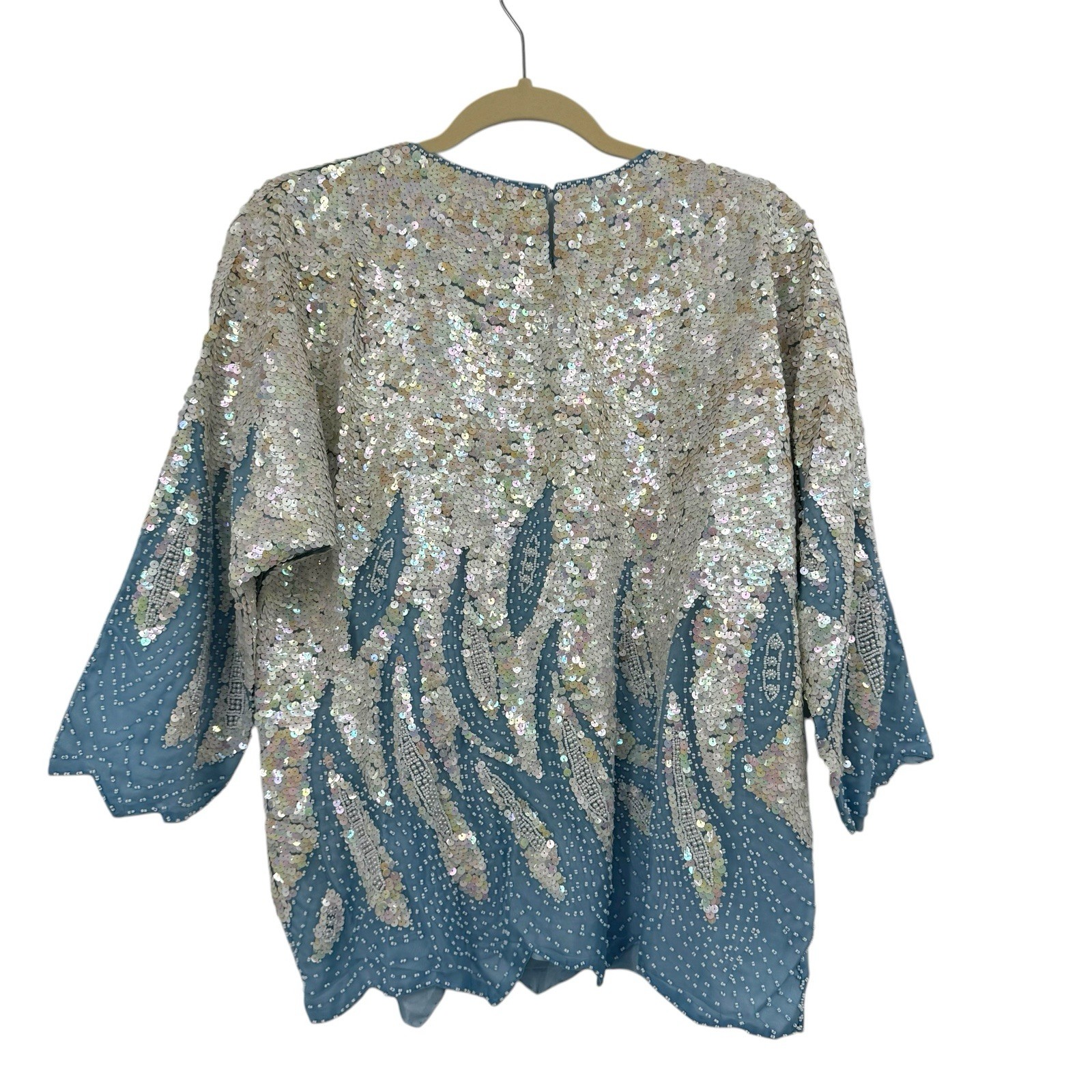 Vintage SILK Top Blue Waves Dolman Sleeves SEQUINS PEARLS All over Sz L NOS