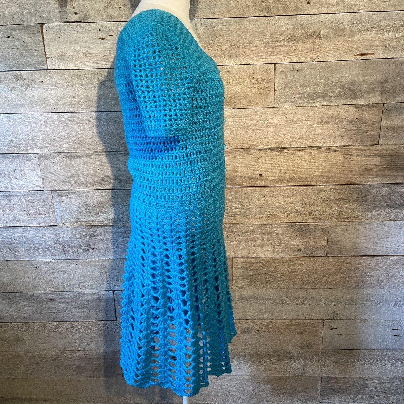EUC Vintage Handcrafted Crocheted Lined Fit & Flare Blue Dress Size Small