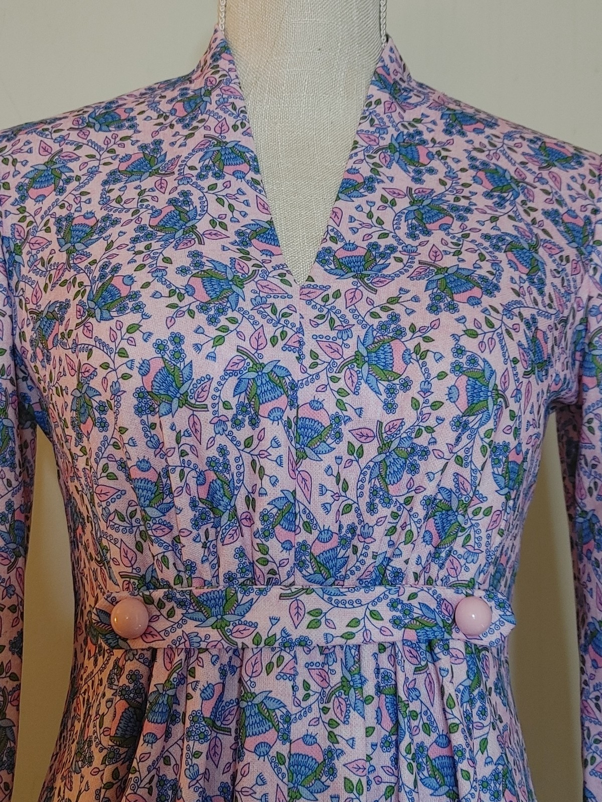 Vintage 70s Handmade Polyester Hostess Gown Pink Maxi Dress Prairie Cottagecore