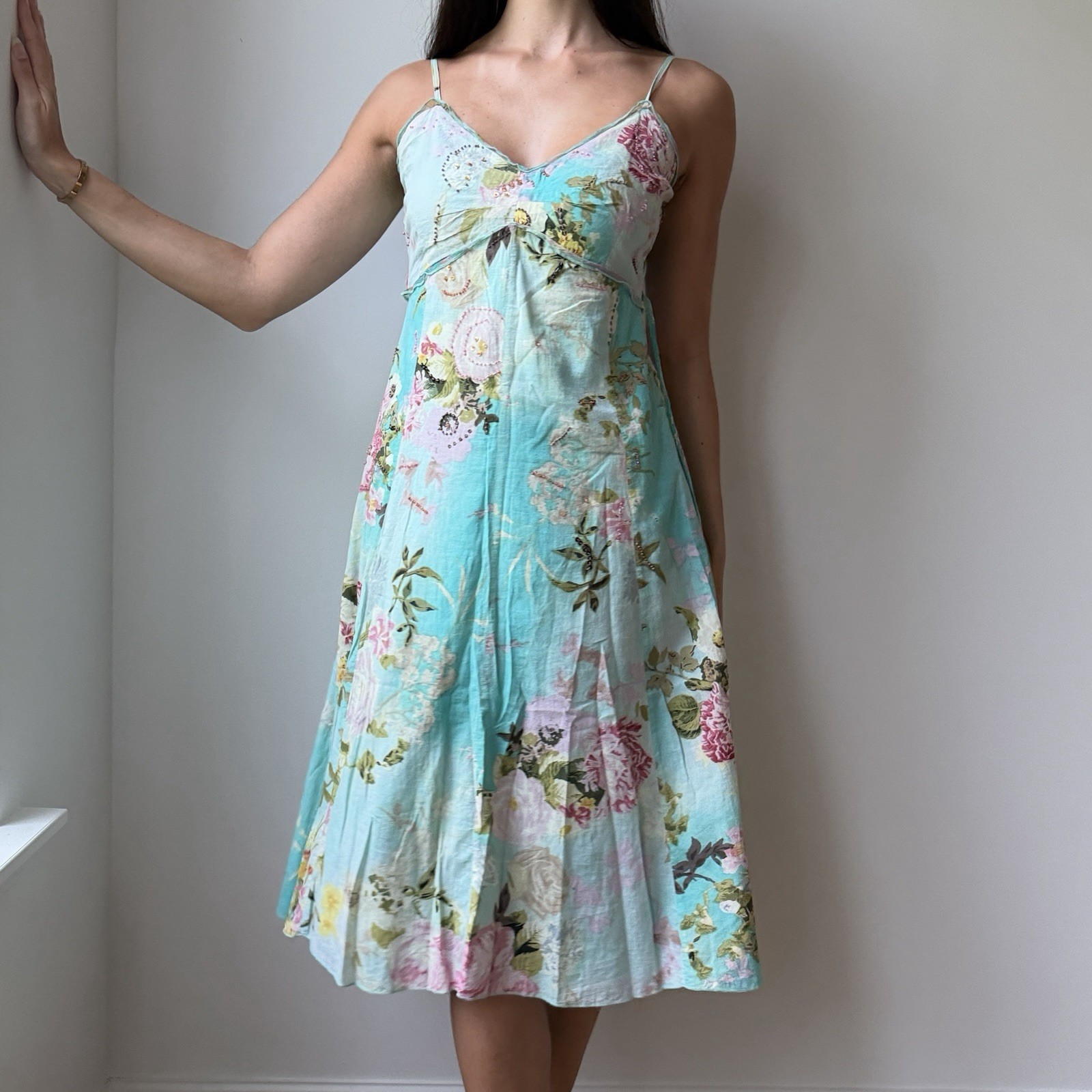 Vintage René Derhy Floral Aqua Fairy Dress Beaded Embellished Cottagecore Y2K