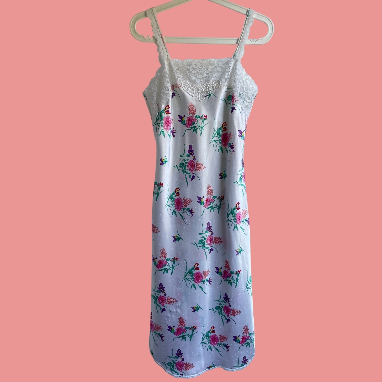 Vintage Floral Slip Dress Swiss Dot Lace Trim Tulip Hem Midi Coquette