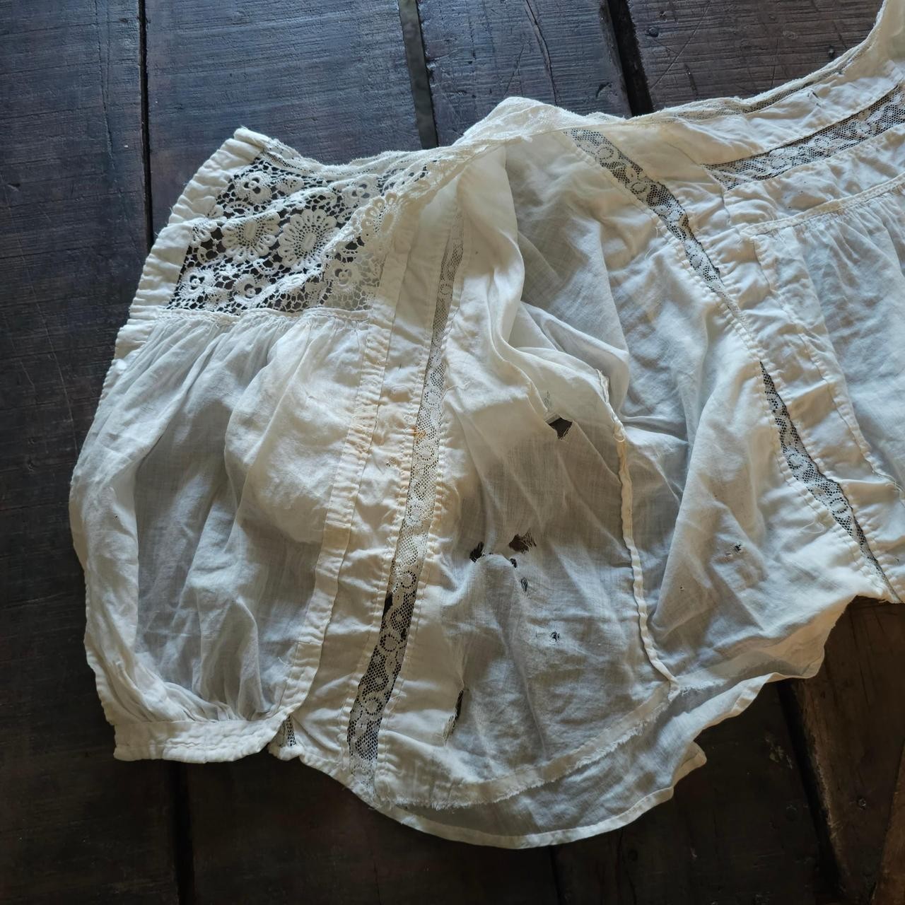 White Lace & Cotton Blouse w/ Floral Embroidery Antique 1910s Edwardian Shirt