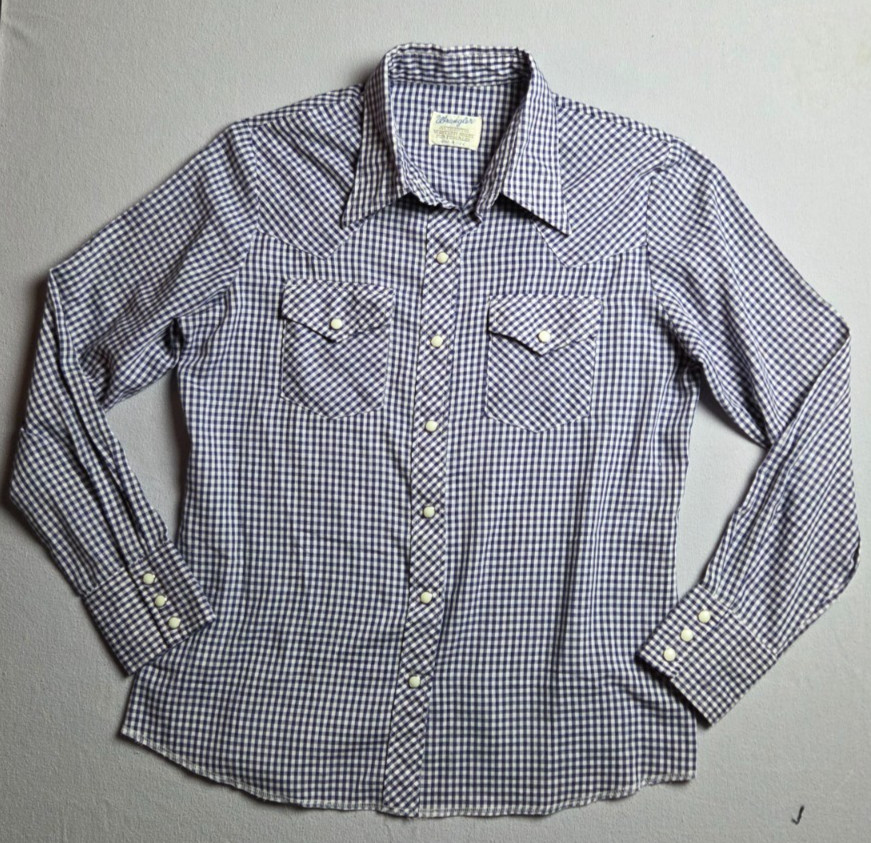 Vintage 70s Wrangler Button Shirt Womens Medium Blue Plaid Pearl Snap Western