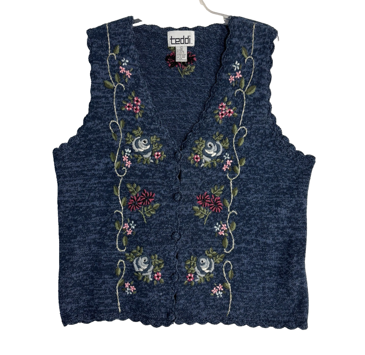 VTG TEDDI Sweater Vest L Embroidered Floral Cottage Grandma Teacher 90s Blue