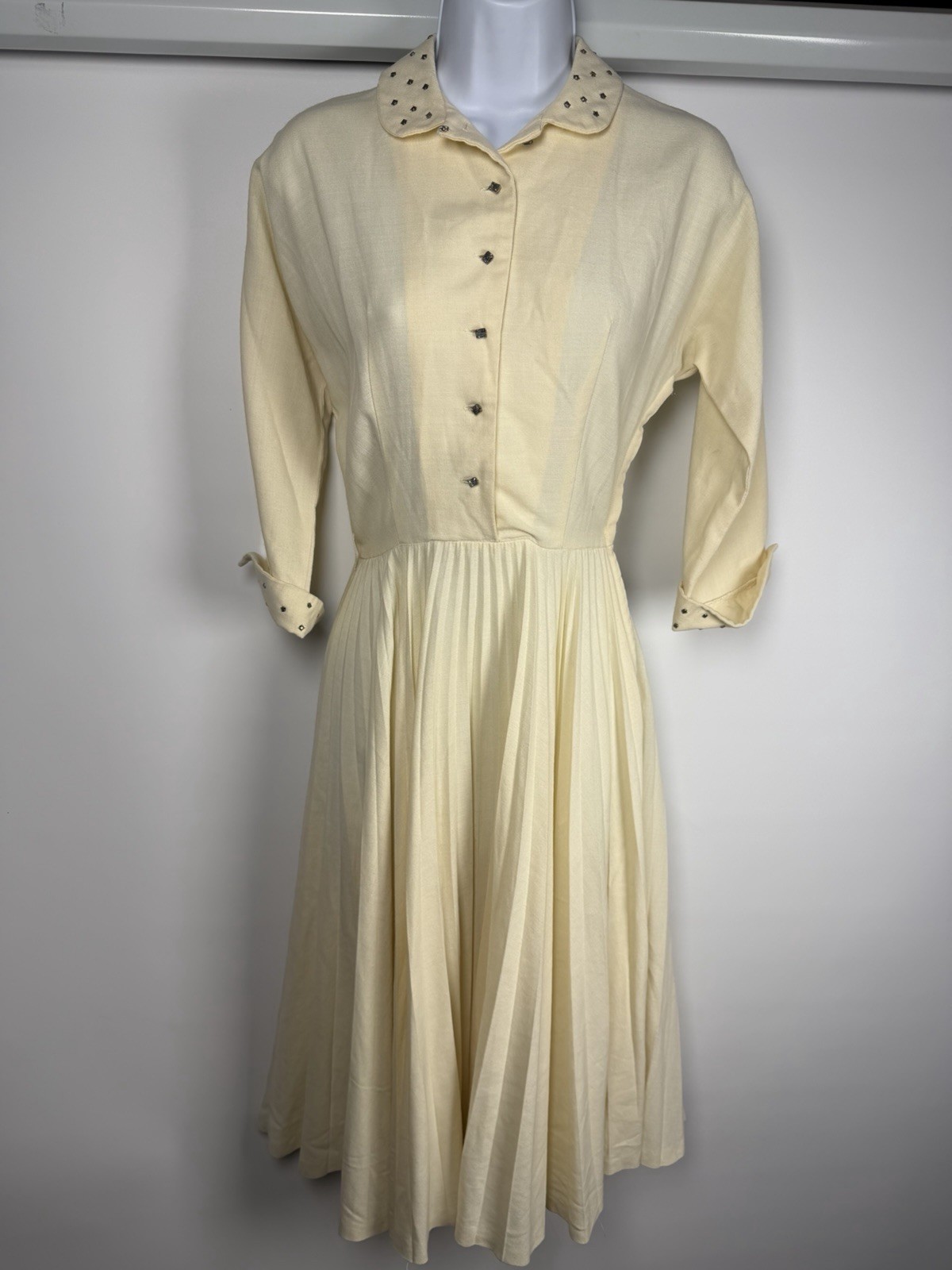 1950s Vintage Jonathan Logan Accordion Skirt White Dress With Rhinestones