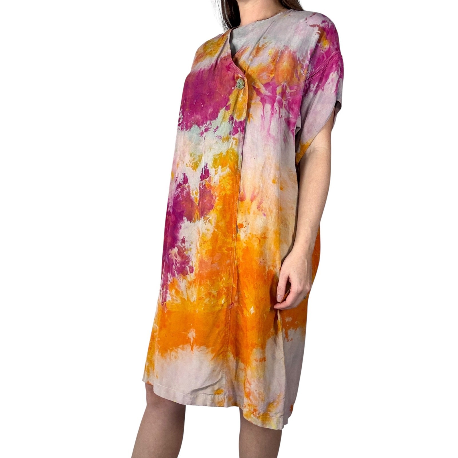 Hand Dyed Vintage 80s Lzinga Silk Shift Dress Orange Magenta Ice Dye Wood Button